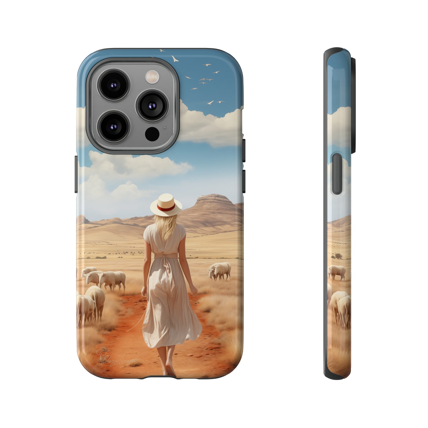 Serenity in Hand: Our Tough Western Cell Phone Case invites you to experience tranquility. A vintage painted design portrays a woman in a skirt and hat walking on a dirt road through a prairie, with grazing sheep. Let the vanishing horizon captivate your senses. Elevate your phone with timeless beauty. #ElizaSinger #PhoneCase