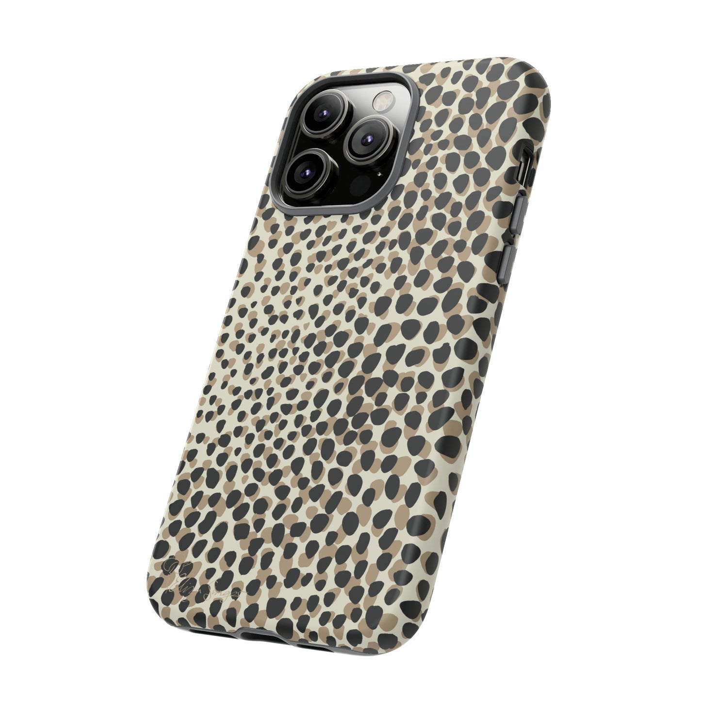 Elevate Your Tech: Abstract Neutral Animal Print iPhone Tough Protective Cover. Leopard-Painted Design in Beige and Black. Compatible with iPhone 15, 14, 13, XS, XR Pro/Max/Mini/P/Plus. Combine Style with Durability. #ElizaSinger #PhoneCase #LeopardPrint
