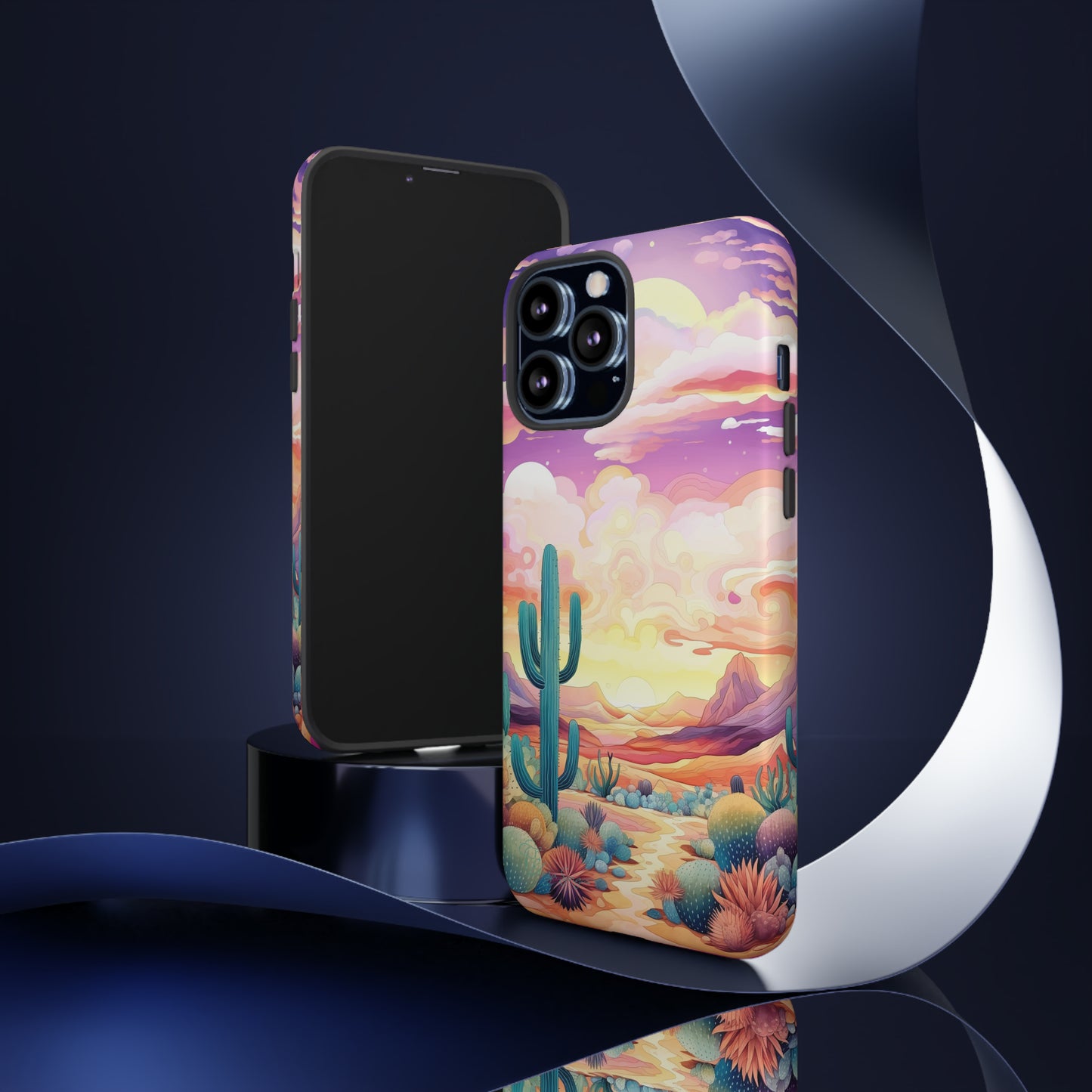 Introducing our Western Tough Cell Phone Case: Psychedelic Desert Dream Edition! Step into a surreal world with a psychedelic desert landscape, dreamy sky, and cactus. This case combines rugged protection with a touch of otherworldly charm.