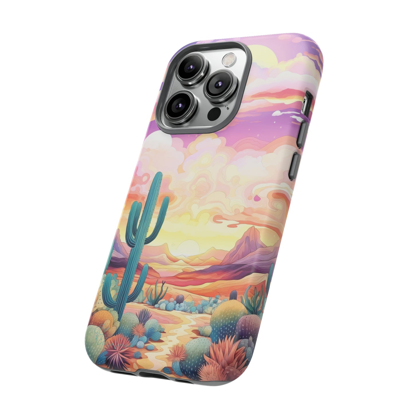 Introducing our Western Tough Cell Phone Case: Psychedelic Desert Dream Edition! Step into a surreal world with a psychedelic desert landscape, dreamy sky, and cactus. This case combines rugged protection with a touch of otherworldly charm.