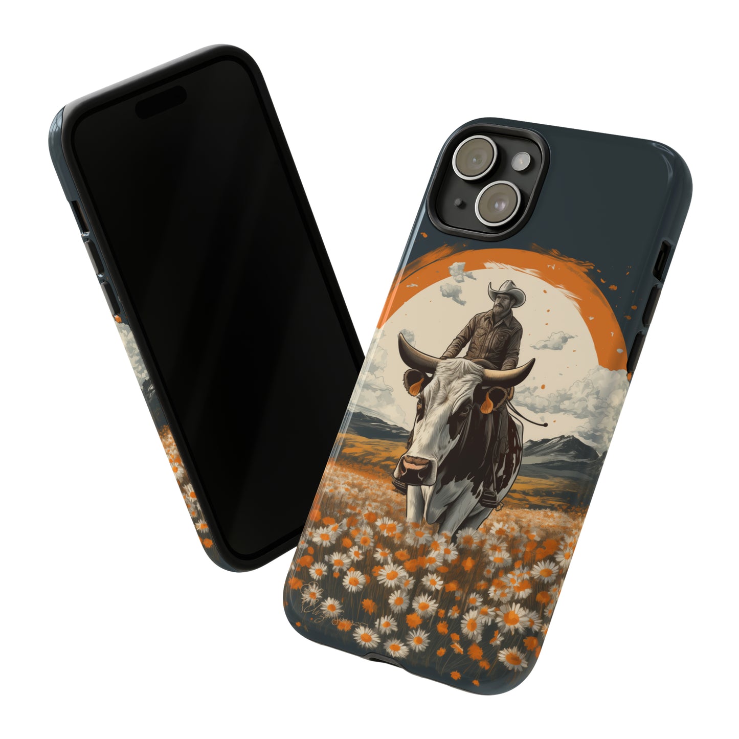 Meet 'Rugged Wrangler': Introducing our Tough Western Cell Phone Case. This unique design seamlessly combines rugged protection with a touch of whimsy, showcasing a fearless cowboy astride a dairy cow amidst a field of vibrant daisies. Elevate your style with this adventurous and protective accessory. #ElizaSinger #PhoneCase #RuggedWrangler