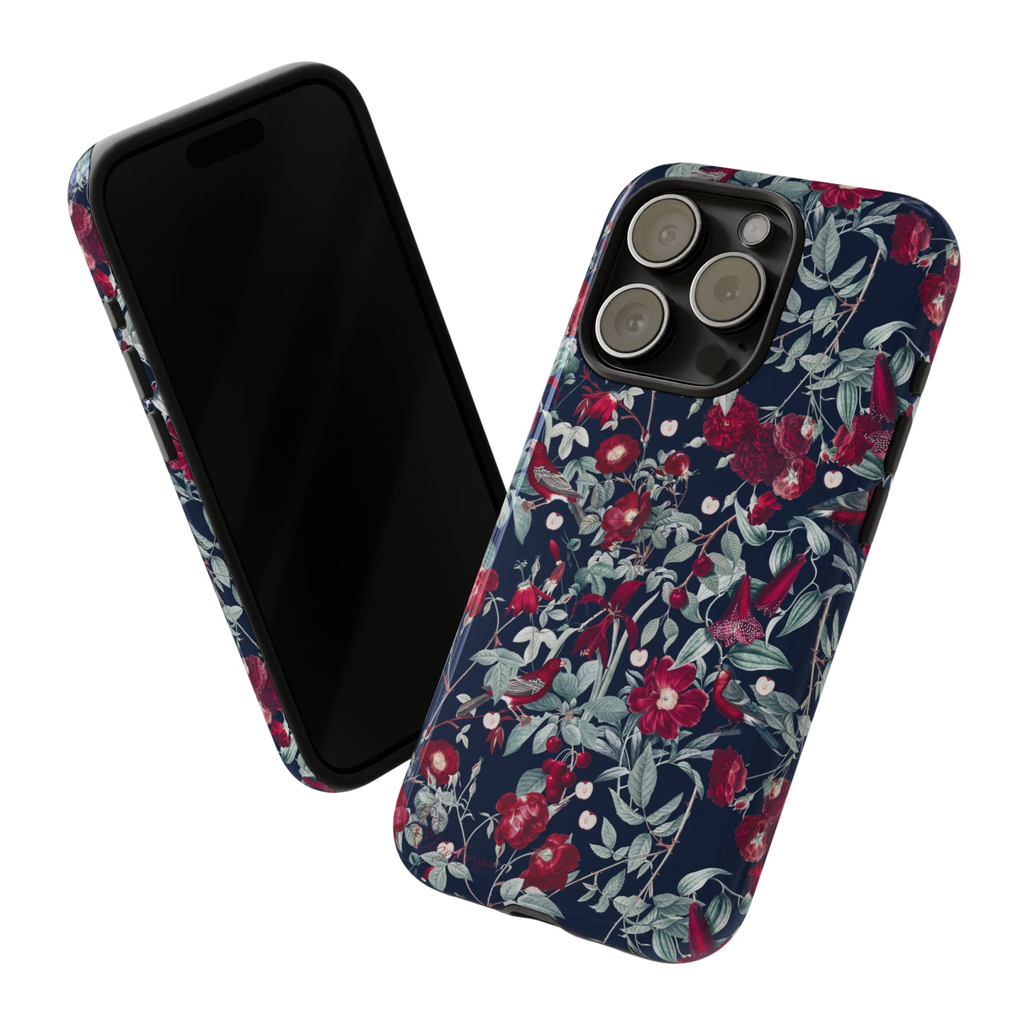 Blossom Serenade: Cherry Blossom Serenade Burgundy Navy Dark iPhone Tough Protective Cover. A captivating blend of Flowers in burgundy and navy hues, featuring a muted design. Compatible with iPhone 15, 14, 13, XS, XR Pro/Max/Mini/P/Plus. Elevate your device with this enchanting and stylish protective cover. #ElizaSinger #PhoneCase #FloralDesign