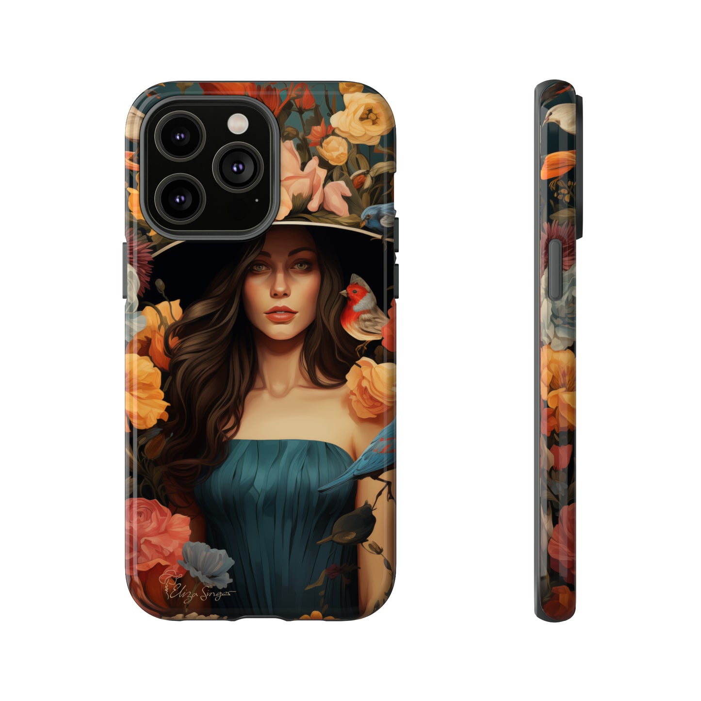 Dark Elegance Unveiled: Explore our Tough Cell Phone Case with a captivating dark background and a woman adorned with a hat amid blooming flowers. This edition seamlessly blends sophistication with robust protection, showcasing the allure of dark elegance. Elevate your style and shield your device. #ElizaSinger #PhoneCase #ElegantProtection