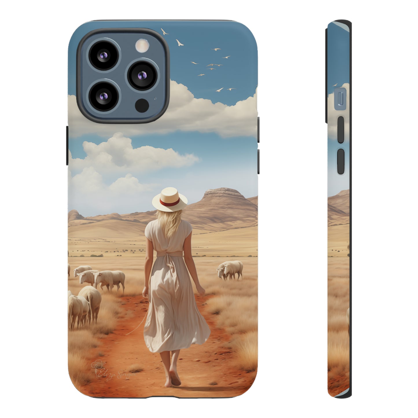 Serenity in Hand: Our Tough Western Cell Phone Case invites you to experience tranquility. A vintage painted design portrays a woman in a skirt and hat walking on a dirt road through a prairie, with grazing sheep. Let the vanishing horizon captivate your senses. Elevate your phone with timeless beauty. #ElizaSinger #PhoneCase