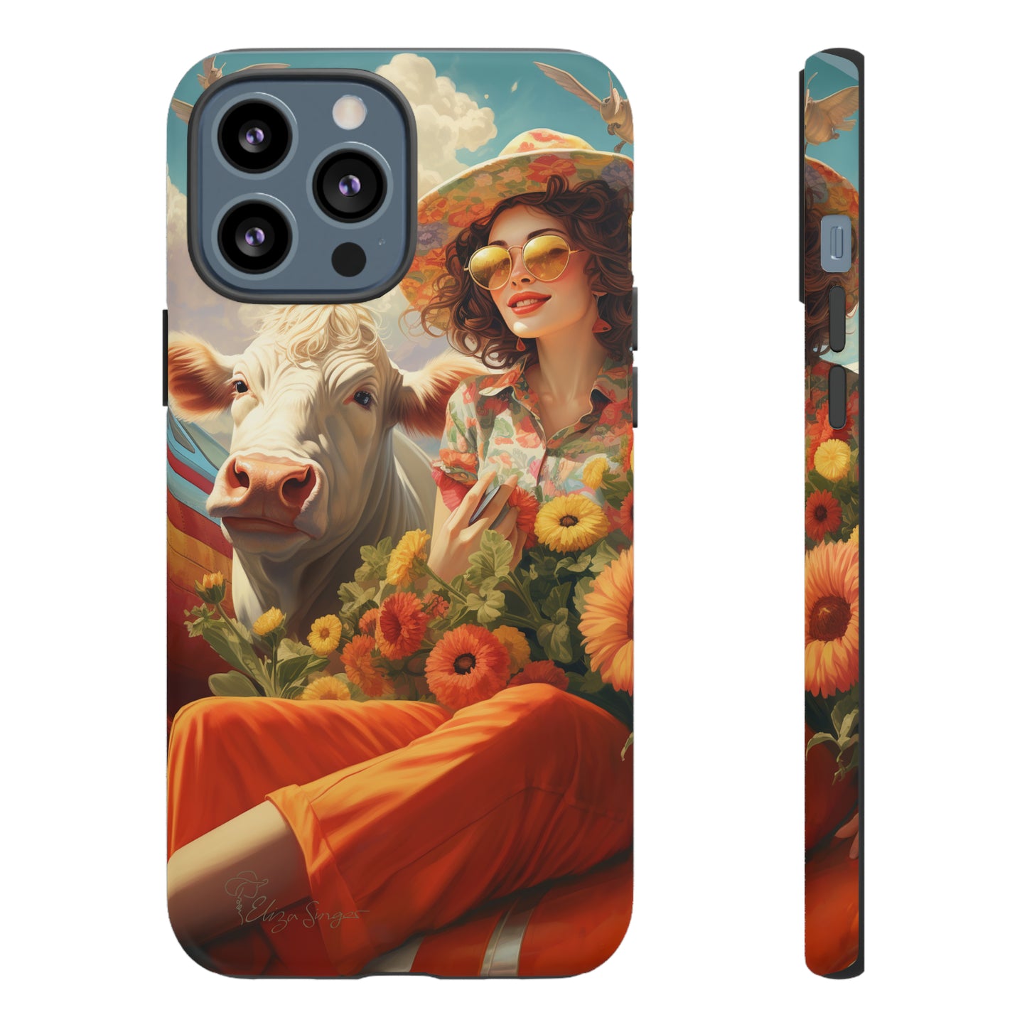 Timeless Retro Charm: Step back in time with our Tough Western Cell Phone Case. Featuring a vintage and bright design, a woman in a hat with daisies is accompanied by a cow looking over her shoulder. Experience the perfect blend of retro aesthetics and durability. Elevate your style with a touch of nostalgia. #ElizaSinger #PhoneCase #RetroStyle