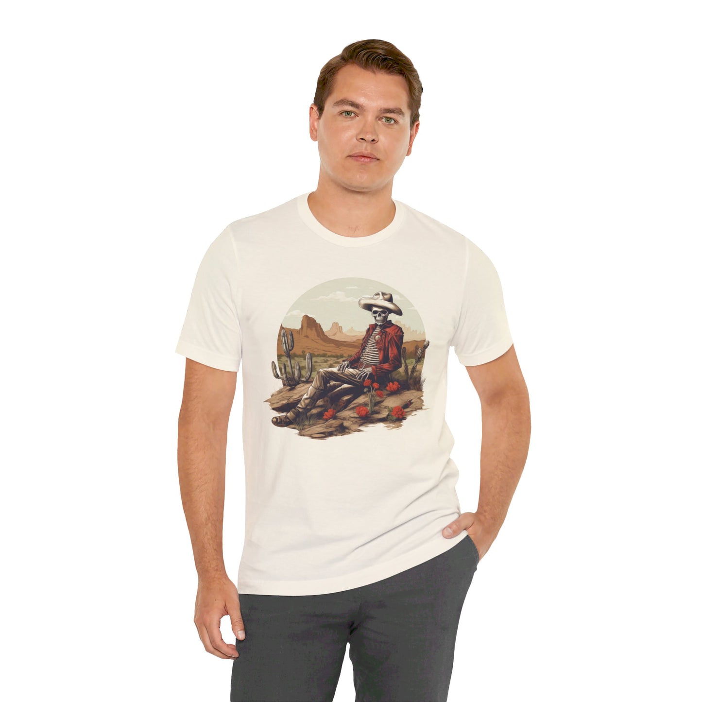 Skeleton Cowboy in Desert: Red Blazer Bella Canvas T-shirt