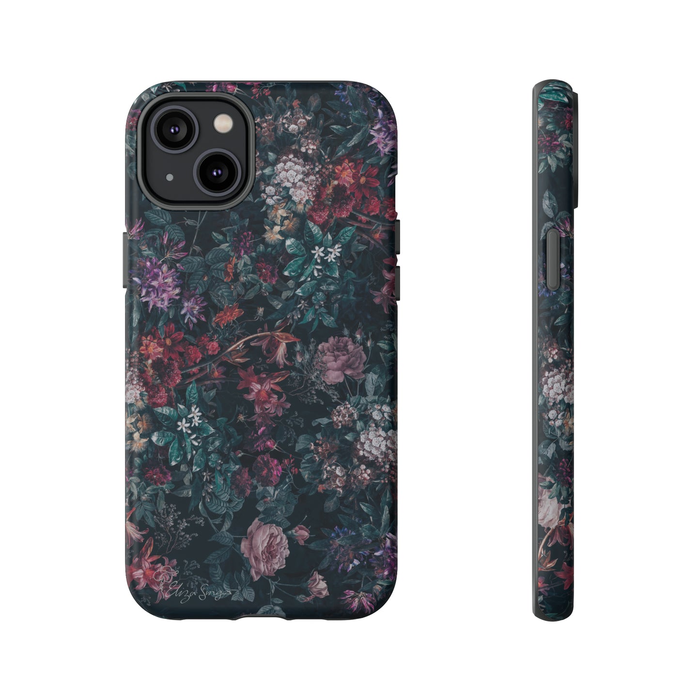 Blooms in Shadows: Botany Floral Dark iPhone Tough Protective Cover. A captivating blend of Flowers in a muted design, compatible with iPhone 15, 14, 13, 12, 11, XS, XR Pro/Max/Mini/P/Plus. Unleash Nature's Elegance with Durability and Style. #ElizaSinger #PhoneCase #FloralDesign