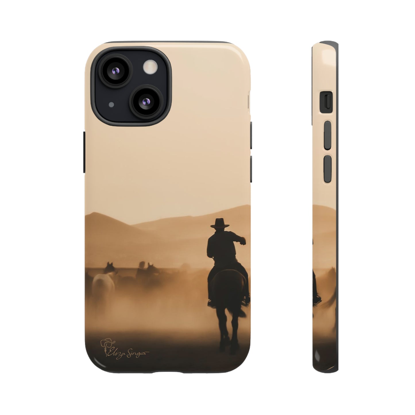 Capture the Western Spirit: Horse Art Western Photo Yellowstone Design iPhone Tough Protective Cover. Featuring a Cowboy amidst Mountains and Buckskin hues. Compatible with iPhone 15, 14, 13, XS, XR Pro/Max/Mini/P/Plus. Bring the Wild West to Your Device with Style and Durability. #ElizaSinger #PhoneCase #WesternDesign