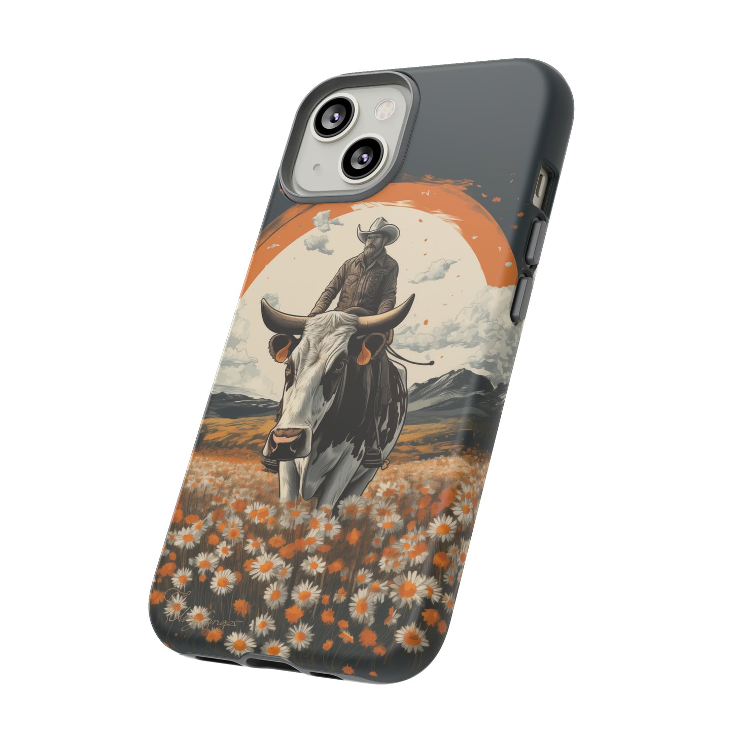 Meet 'Rugged Wrangler': Introducing our Tough Western Cell Phone Case. This unique design seamlessly combines rugged protection with a touch of whimsy, showcasing a fearless cowboy astride a dairy cow amidst a field of vibrant daisies. Elevate your style with this adventurous and protective accessory. #ElizaSinger #PhoneCase #RuggedWrangler