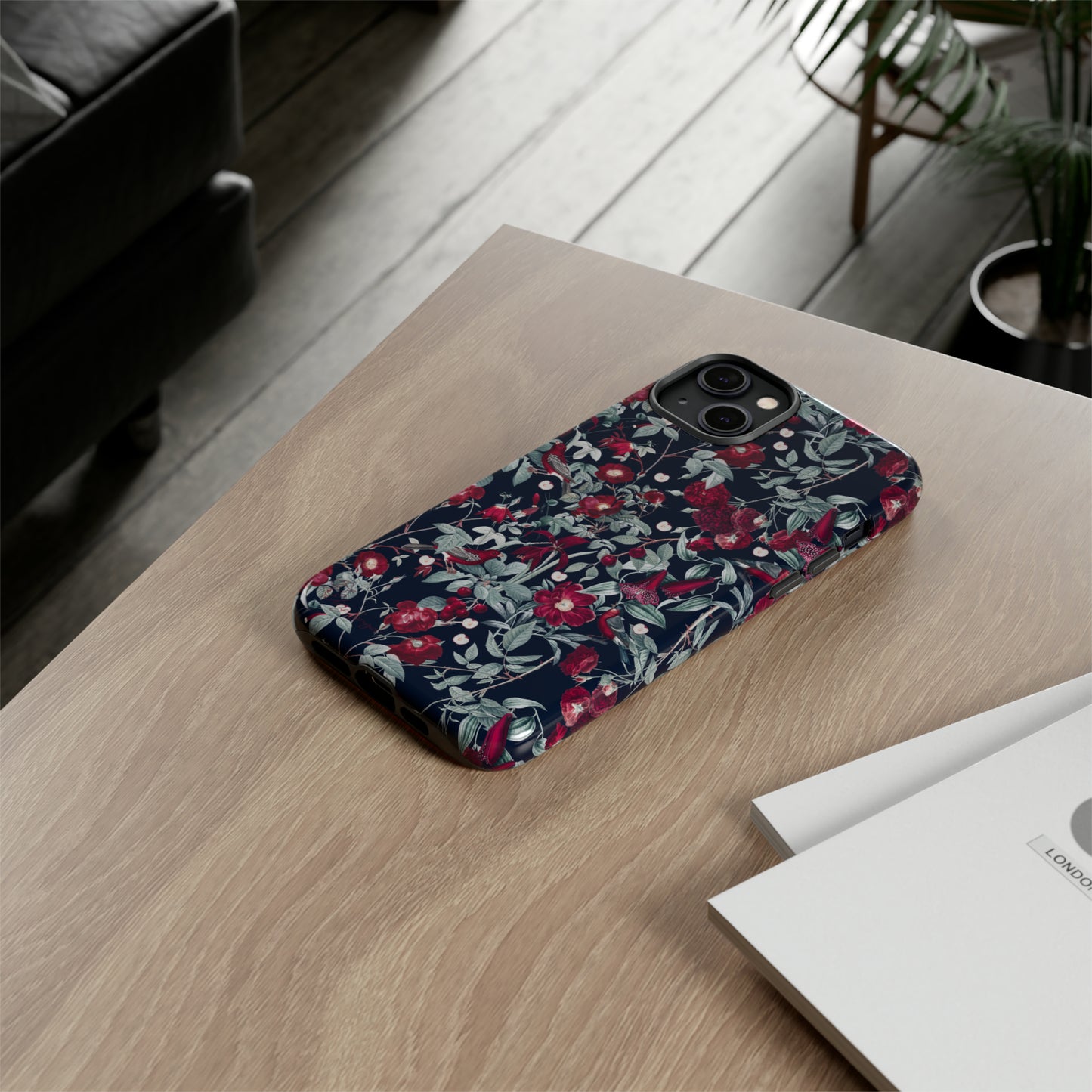 Blossom Serenade: Cherry Blossom Serenade Burgundy Navy Dark iPhone Tough Protective Cover. A captivating blend of Flowers in burgundy and navy hues, featuring a muted design. Compatible with iPhone 15, 14, 13, XS, XR Pro/Max/Mini/P/Plus. Elevate your device with this enchanting and stylish protective cover. #ElizaSinger #PhoneCase #FloralDesign