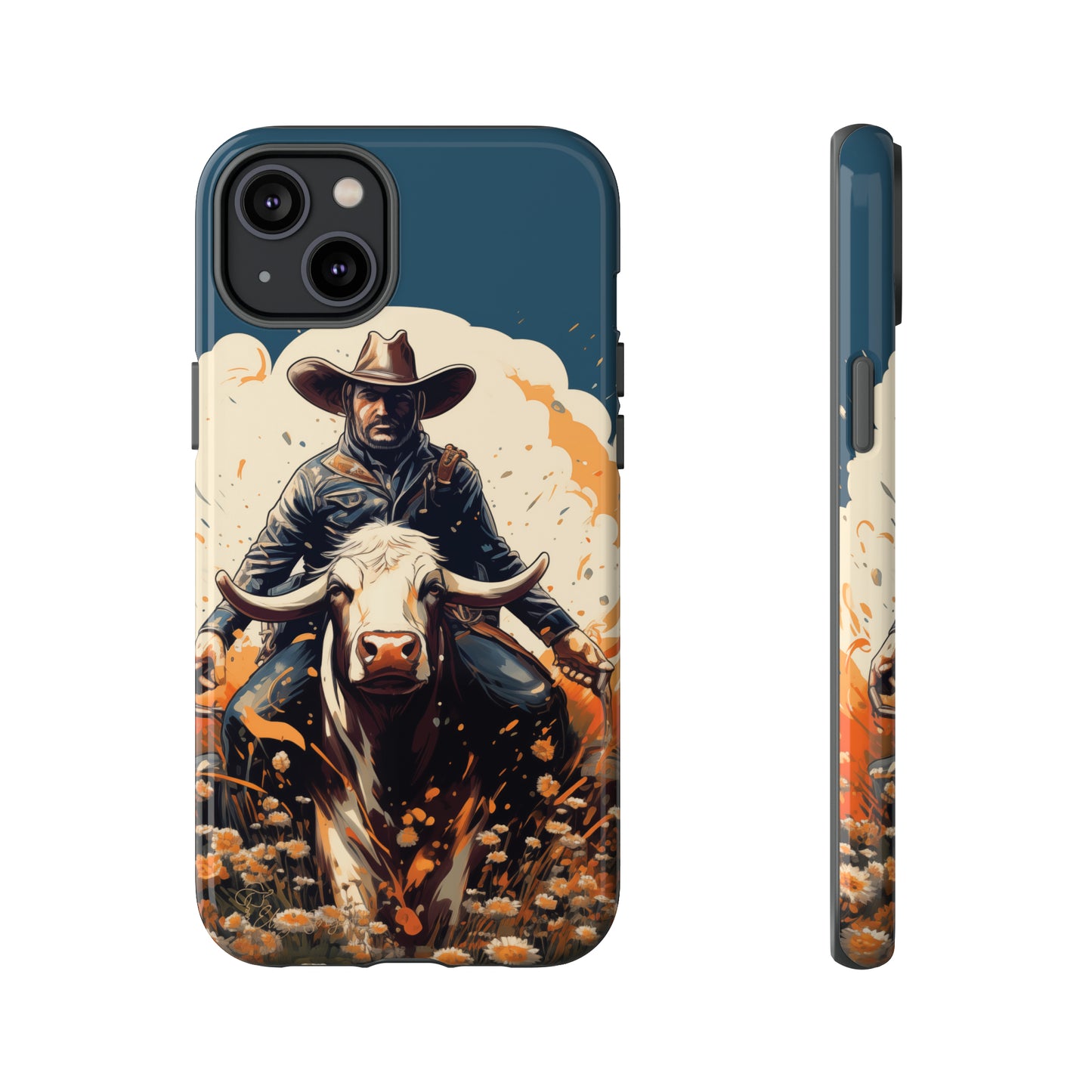 Time-Tested Charm: Immerse yourself in the charm of yesteryear with our Tough Cell Phone Case. Featuring a cowboy on a cow in a field of flowers, this design exudes retro vibes. Experience the perfect blend of vintage style and durable protection. Elevate your phone with a touch of timeless allure. #ElizaSinger #PhoneCase #VintageCharm