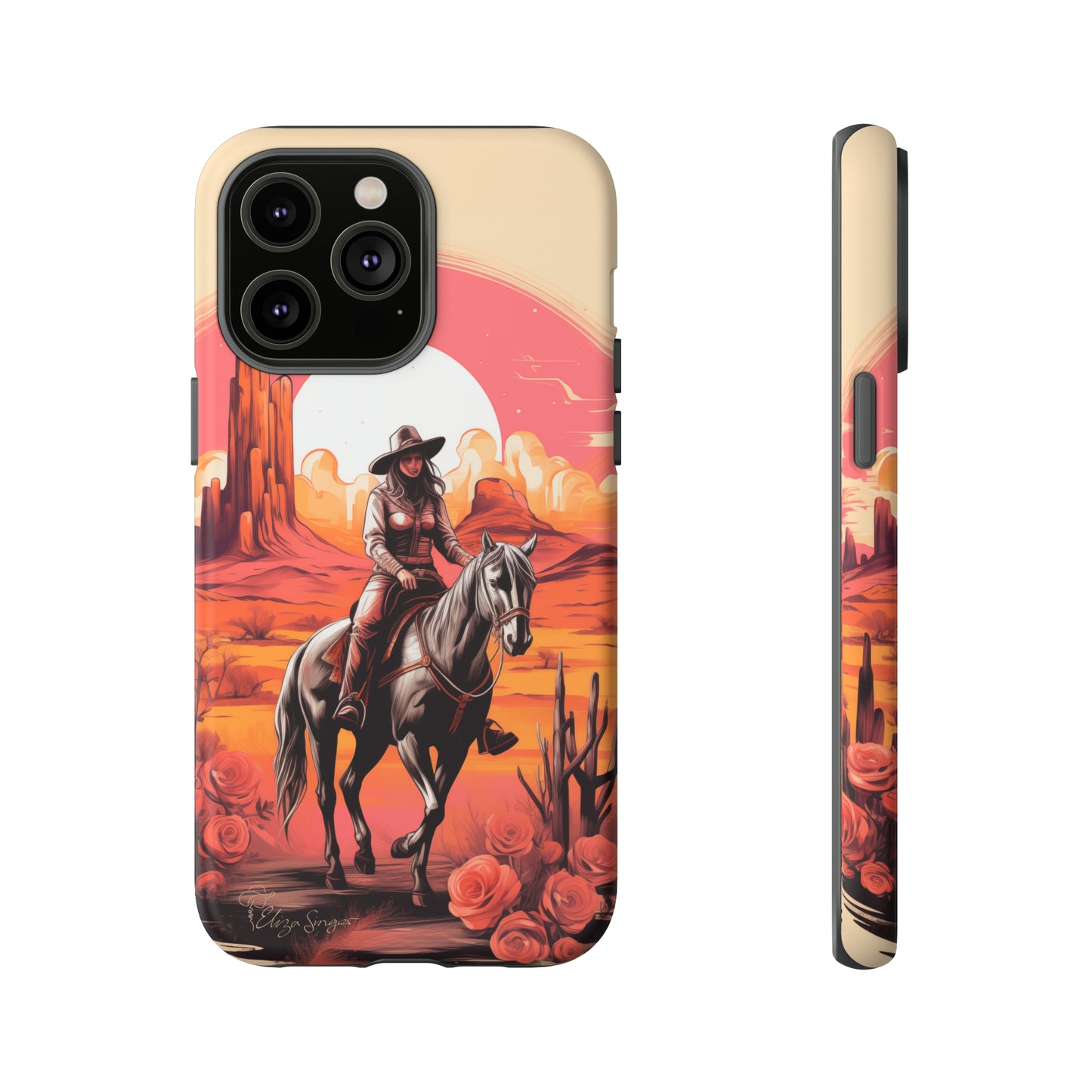 Feminine Adventure Unleashed: Introducing our Tough Western Cell Phone Case, adorned with a stunning design of a cowgirl riding a horse through the desert, surrounded by shades of coral. This unique edition seamlessly combines rugged protection with a touch of feminine flair. Elevate your style with a dash of adventurous charm. #ElizaSinger #PhoneCase #FeminineAdventure