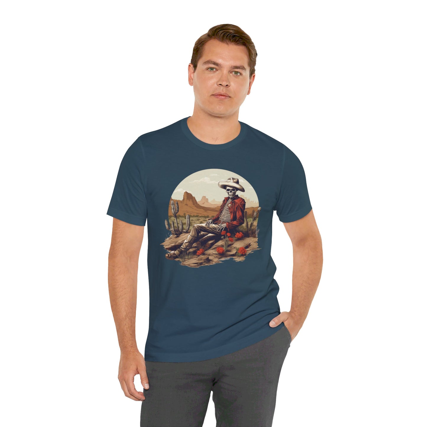 Skeleton Cowboy in Desert: Red Blazer Bella Canvas T-shirt