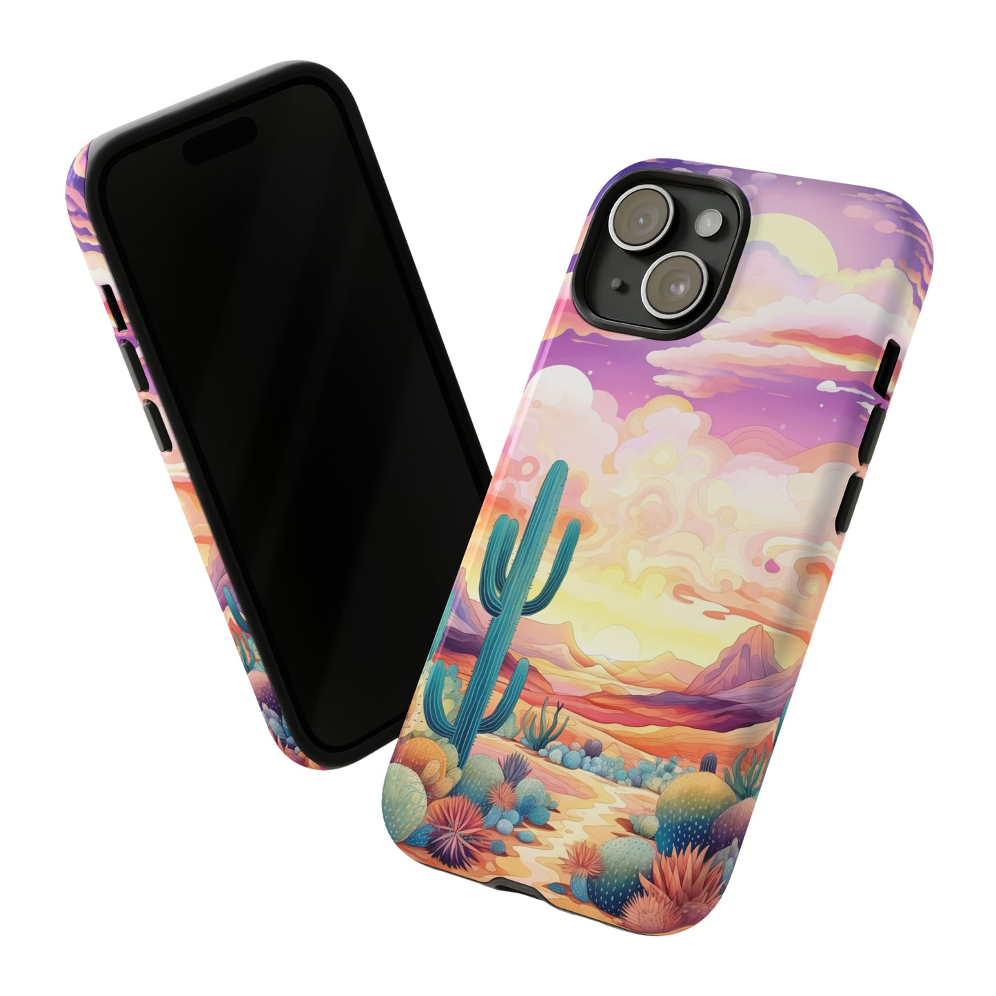 Introducing our Western Tough Cell Phone Case: Psychedelic Desert Dream Edition! Step into a surreal world with a psychedelic desert landscape, dreamy sky, and cactus. This case combines rugged protection with a touch of otherworldly charm.