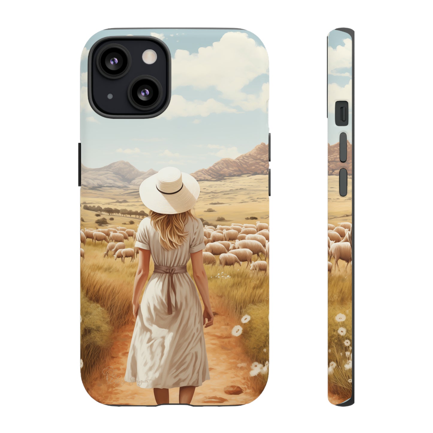 Dreamy Nostalgia: Immerse yourself in a vintage painted landscape with our Tough Western Cell Phone Case. Adorned with a woman in a hat strolling through a prairie with sheep, this edition captures the magic of the past. Elevate your phone with timeless charm. #ElizaSinger #PhoneCase