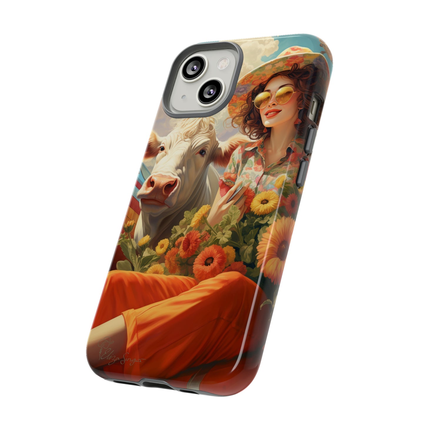 Timeless Retro Charm: Step back in time with our Tough Western Cell Phone Case. Featuring a vintage and bright design, a woman in a hat with daisies is accompanied by a cow looking over her shoulder. Experience the perfect blend of retro aesthetics and durability. Elevate your style with a touch of nostalgia. #ElizaSinger #PhoneCase #RetroStyle