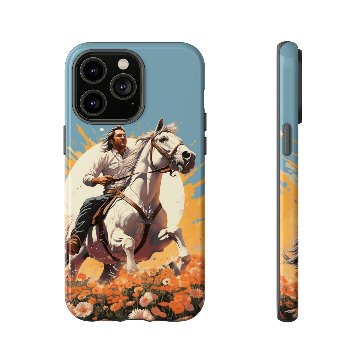 Retro Radiance Unleashed: Behold our Tough Western Cell Phone Case, featuring a vintage white horse and male rider on a vibrant turquoise backdrop. Set in a field of flowers with the sun casting a warm glow, this edition seamlessly blends style with protection. Embrace the past with this retro and stylish accessory. #ElizaSinger #PhoneCase #RetroRadiance