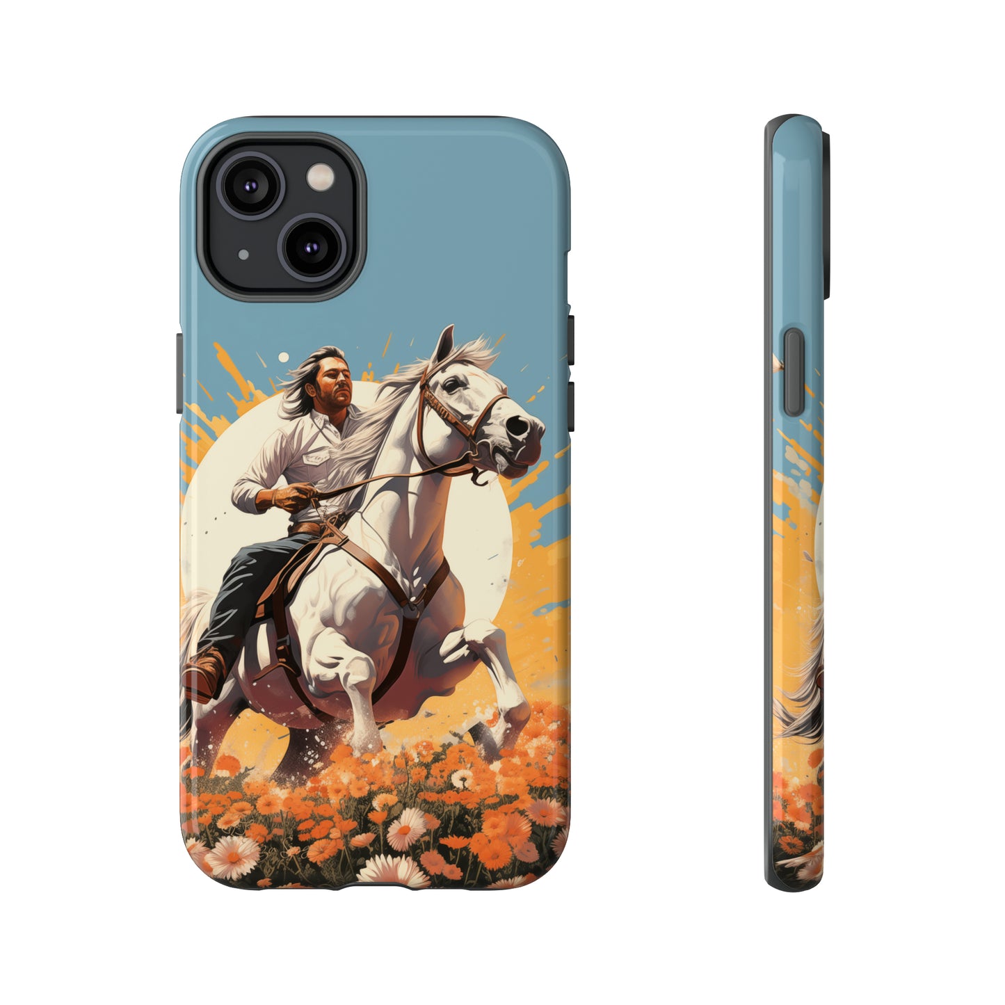 Retro Radiance Unleashed: Behold our Tough Western Cell Phone Case, featuring a vintage white horse and male rider on a vibrant turquoise backdrop. Set in a field of flowers with the sun casting a warm glow, this edition seamlessly blends style with protection. Embrace the past with this retro and stylish accessory. #ElizaSinger #PhoneCase #RetroRadiance