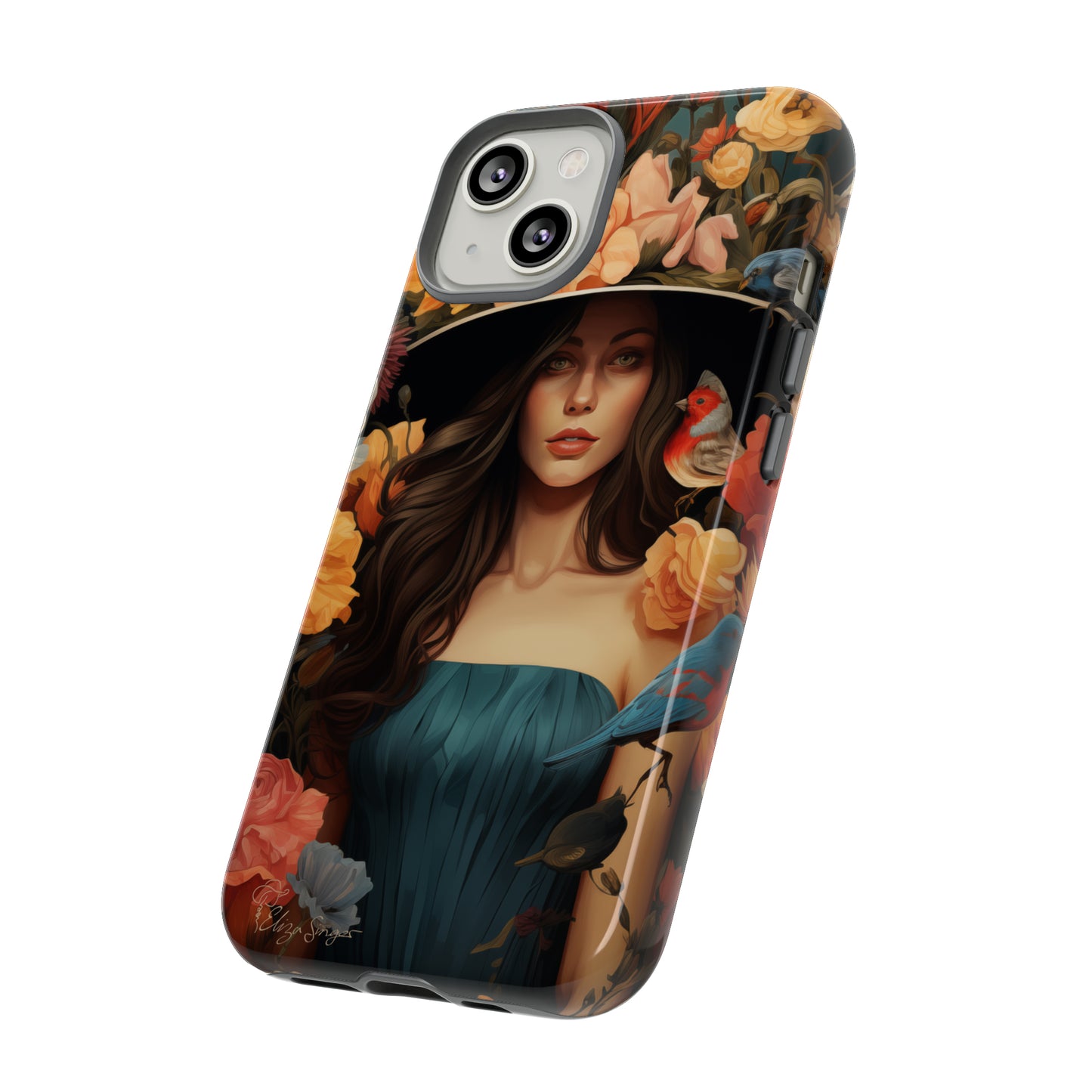 Dark Elegance Unveiled: Explore our Tough Cell Phone Case with a captivating dark background and a woman adorned with a hat amid blooming flowers. This edition seamlessly blends sophistication with robust protection, showcasing the allure of dark elegance. Elevate your style and shield your device. #ElizaSinger #PhoneCase #ElegantProtection