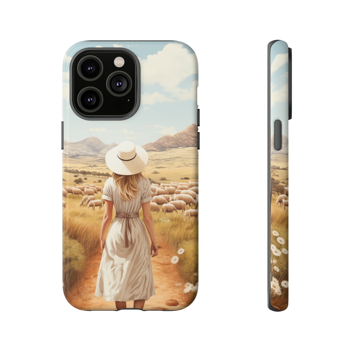 Dreamy Nostalgia: Immerse yourself in a vintage painted landscape with our Tough Western Cell Phone Case. Adorned with a woman in a hat strolling through a prairie with sheep, this edition captures the magic of the past. Elevate your phone with timeless charm. #ElizaSinger #PhoneCase