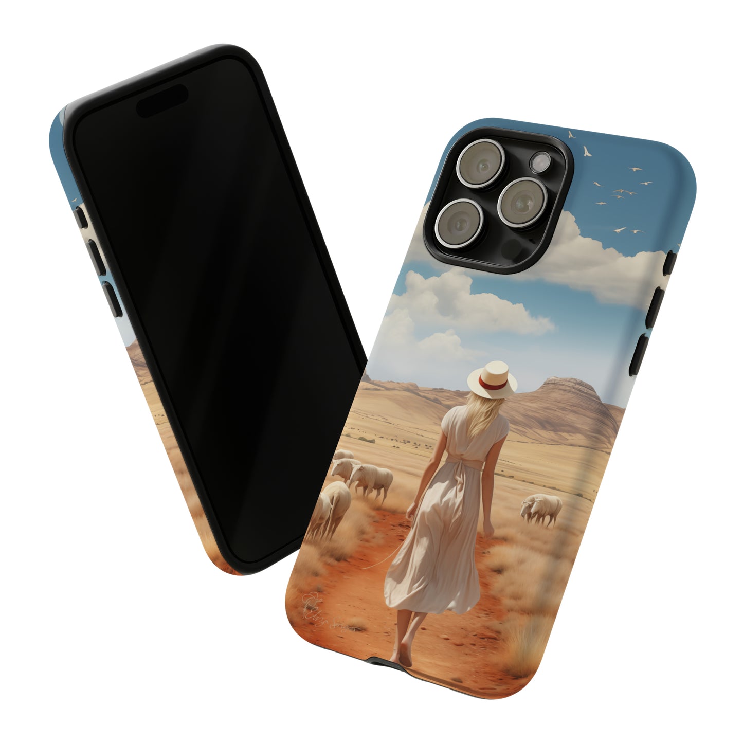 Serenity in Hand: Our Tough Western Cell Phone Case invites you to experience tranquility. A vintage painted design portrays a woman in a skirt and hat walking on a dirt road through a prairie, with grazing sheep. Let the vanishing horizon captivate your senses. Elevate your phone with timeless beauty. #ElizaSinger #PhoneCase