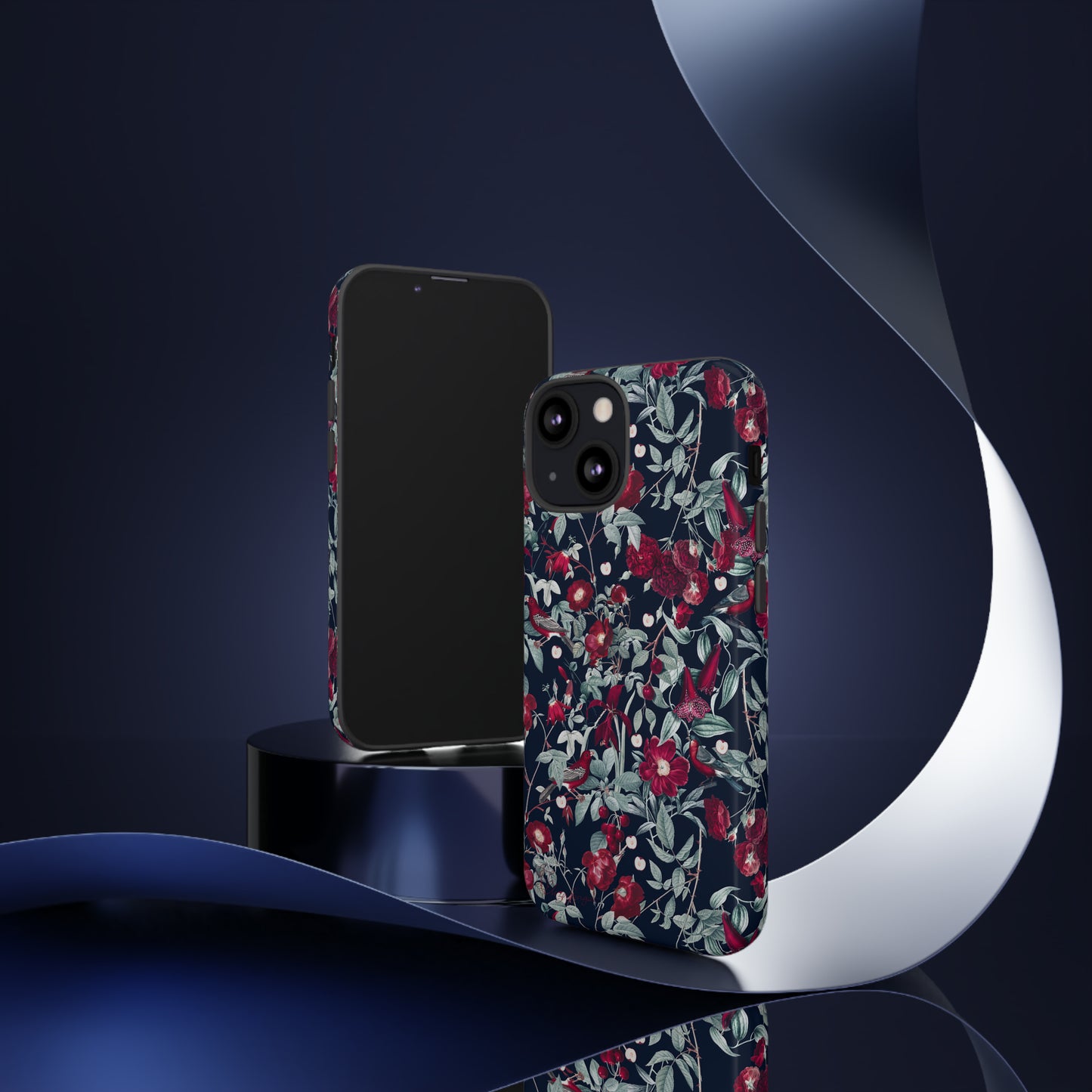 Blossom Serenade: Cherry Blossom Serenade Burgundy Navy Dark iPhone Tough Protective Cover. A captivating blend of Flowers in burgundy and navy hues, featuring a muted design. Compatible with iPhone 15, 14, 13, XS, XR Pro/Max/Mini/P/Plus. Elevate your device with this enchanting and stylish protective cover. #ElizaSinger #PhoneCase #FloralDesign