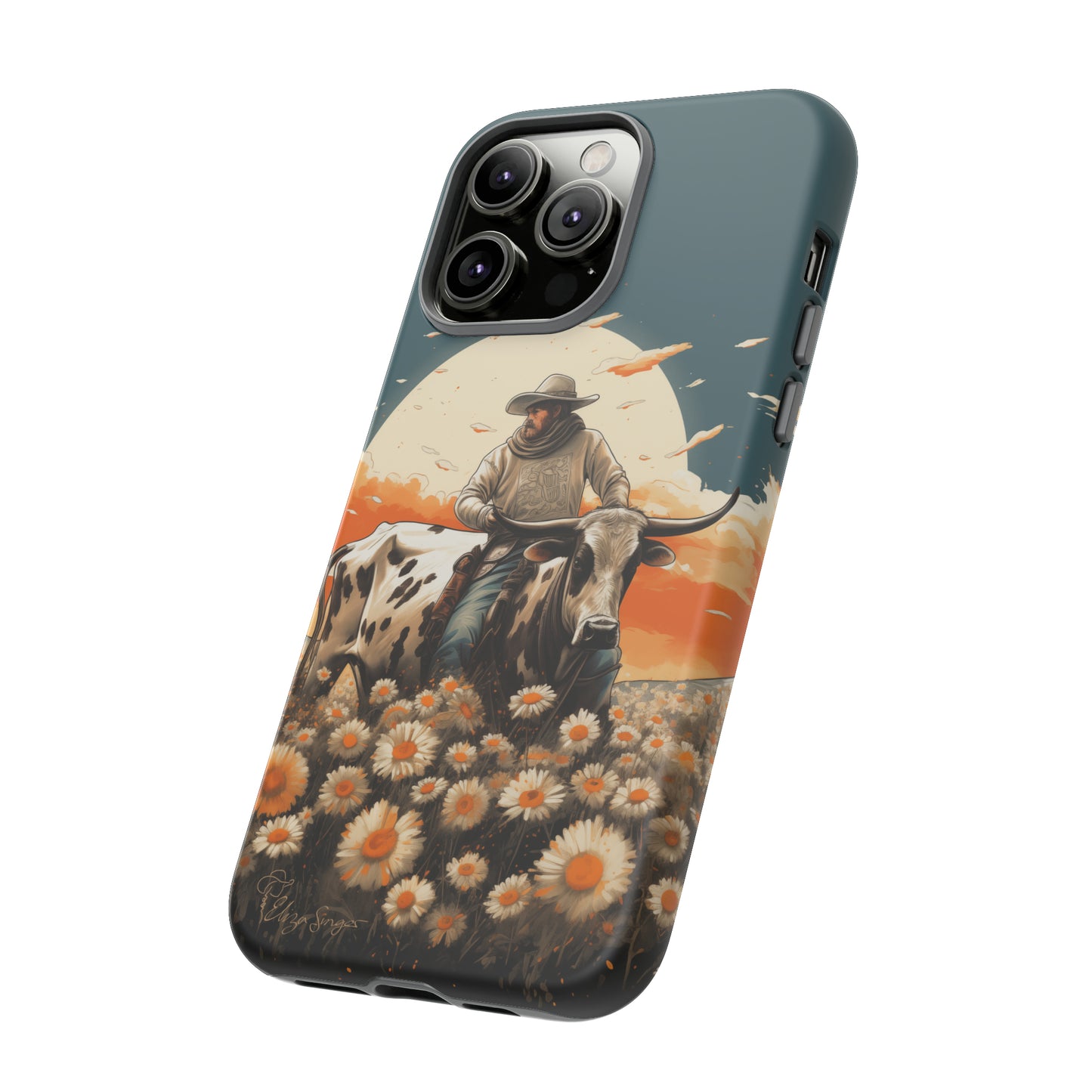 Harmony of Contrasts: Dive into our Tough Cell Phone Case, a visual symphony featuring a bullrider on a black and white dairy cow amidst a vibrant field of flowers. This edition effortlessly merges toughness with artistic flair, offering a unique and captivating contrast. Elevate your phone with rugged elegance. #ElizaSinger #PhoneCase #ContrastHarmony