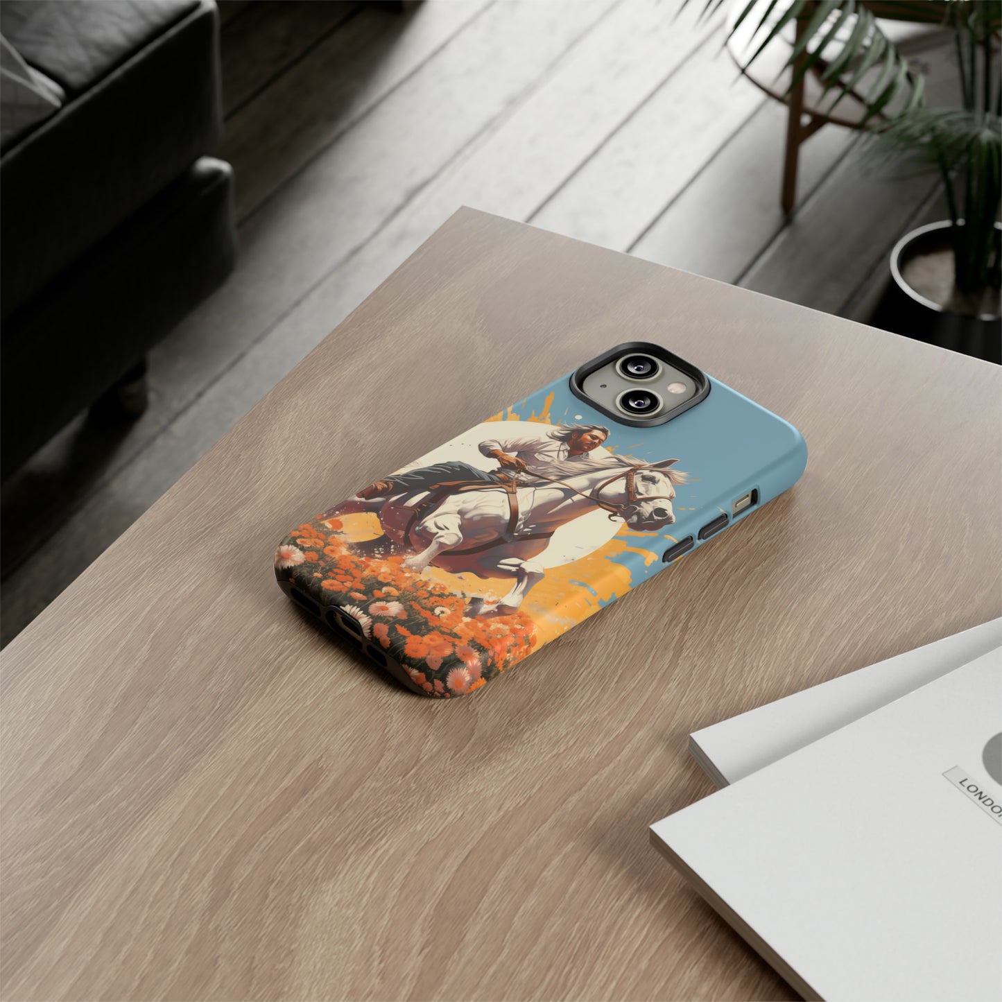 Retro Radiance Unleashed: Behold our Tough Western Cell Phone Case, featuring a vintage white horse and male rider on a vibrant turquoise backdrop. Set in a field of flowers with the sun casting a warm glow, this edition seamlessly blends style with protection. Embrace the past with this retro and stylish accessory. #ElizaSinger #PhoneCase #RetroRadiance