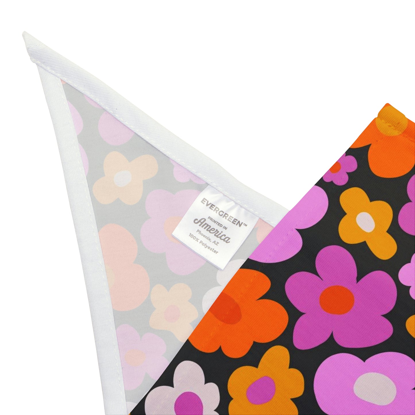 Infuse a bit of retro charm into your dog's style with our Groovy Daisy Dog Bandana/Wild Rag. The groovy daisy pattern in pink, orange, and white on a black background adds a playful and vibrant touch. Crafted from soft-spun polyester, this wild rag ensures comfort and style. Make a fashion statement on every adventure with this exclusive design, available only at Eliza Singer.