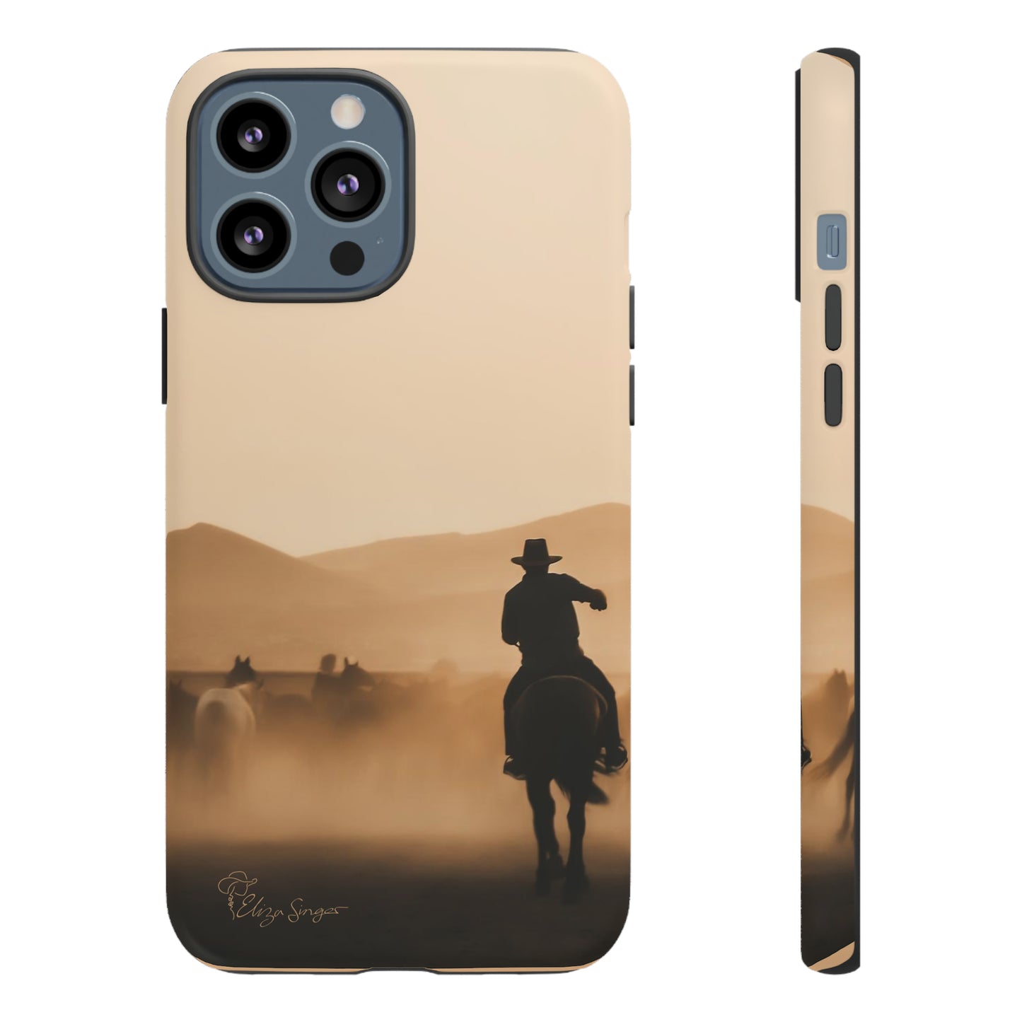 Capture the Western Spirit: Horse Art Western Photo Yellowstone Design iPhone Tough Protective Cover. Featuring a Cowboy amidst Mountains and Buckskin hues. Compatible with iPhone 15, 14, 13, XS, XR Pro/Max/Mini/P/Plus. Bring the Wild West to Your Device with Style and Durability. #ElizaSinger #PhoneCase #WesternDesign