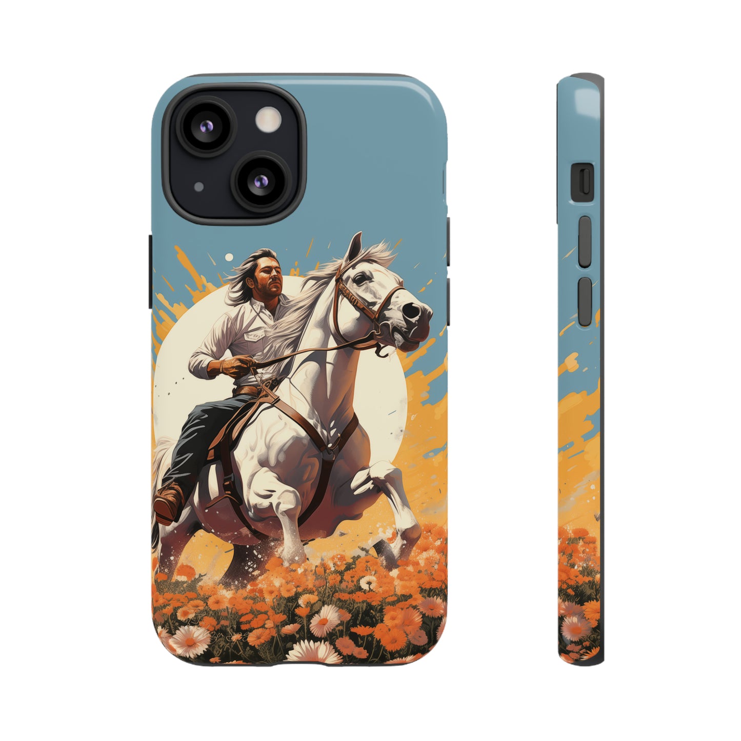 Retro Radiance Unleashed: Behold our Tough Western Cell Phone Case, featuring a vintage white horse and male rider on a vibrant turquoise backdrop. Set in a field of flowers with the sun casting a warm glow, this edition seamlessly blends style with protection. Embrace the past with this retro and stylish accessory. #ElizaSinger #PhoneCase #RetroRadiance