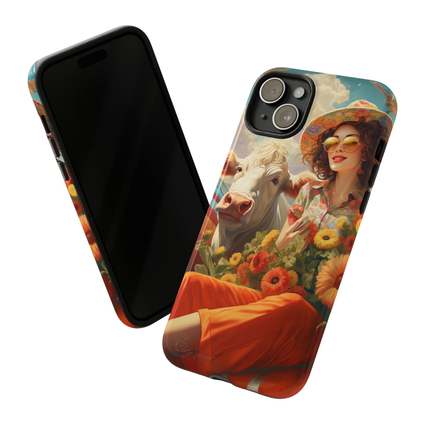 Timeless Retro Charm: Step back in time with our Tough Western Cell Phone Case. Featuring a vintage and bright design, a woman in a hat with daisies is accompanied by a cow looking over her shoulder. Experience the perfect blend of retro aesthetics and durability. Elevate your style with a touch of nostalgia. #ElizaSinger #PhoneCase #RetroStyle