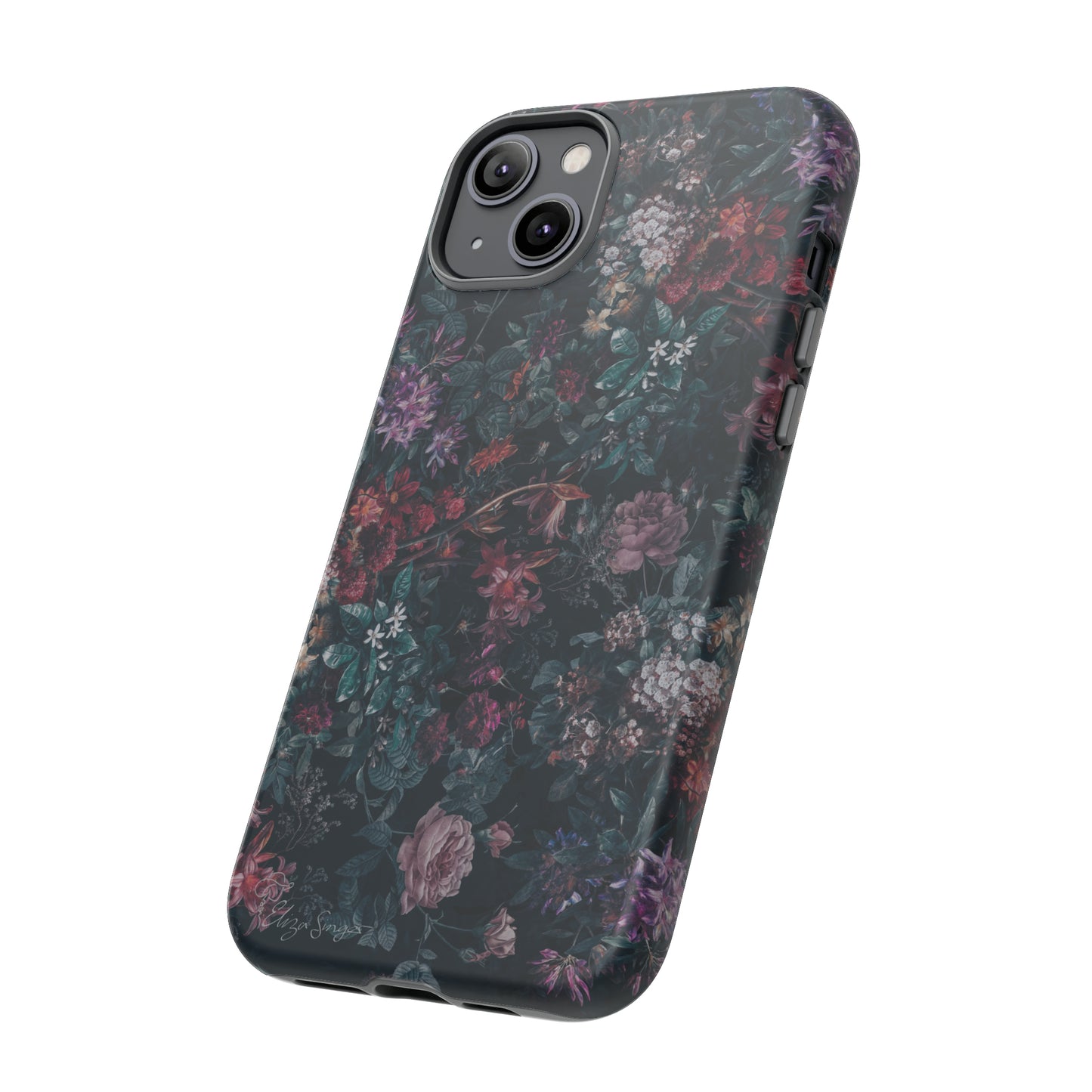 Blooms in Shadows: Botany Floral Dark iPhone Tough Protective Cover. A captivating blend of Flowers in a muted design, compatible with iPhone 15, 14, 13, 12, 11, XS, XR Pro/Max/Mini/P/Plus. Unleash Nature's Elegance with Durability and Style. #ElizaSinger #PhoneCase #FloralDesign