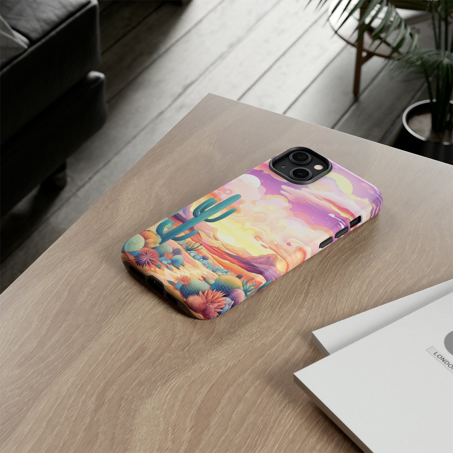 Introducing our Western Tough Cell Phone Case: Psychedelic Desert Dream Edition! Step into a surreal world with a psychedelic desert landscape, dreamy sky, and cactus. This case combines rugged protection with a touch of otherworldly charm.