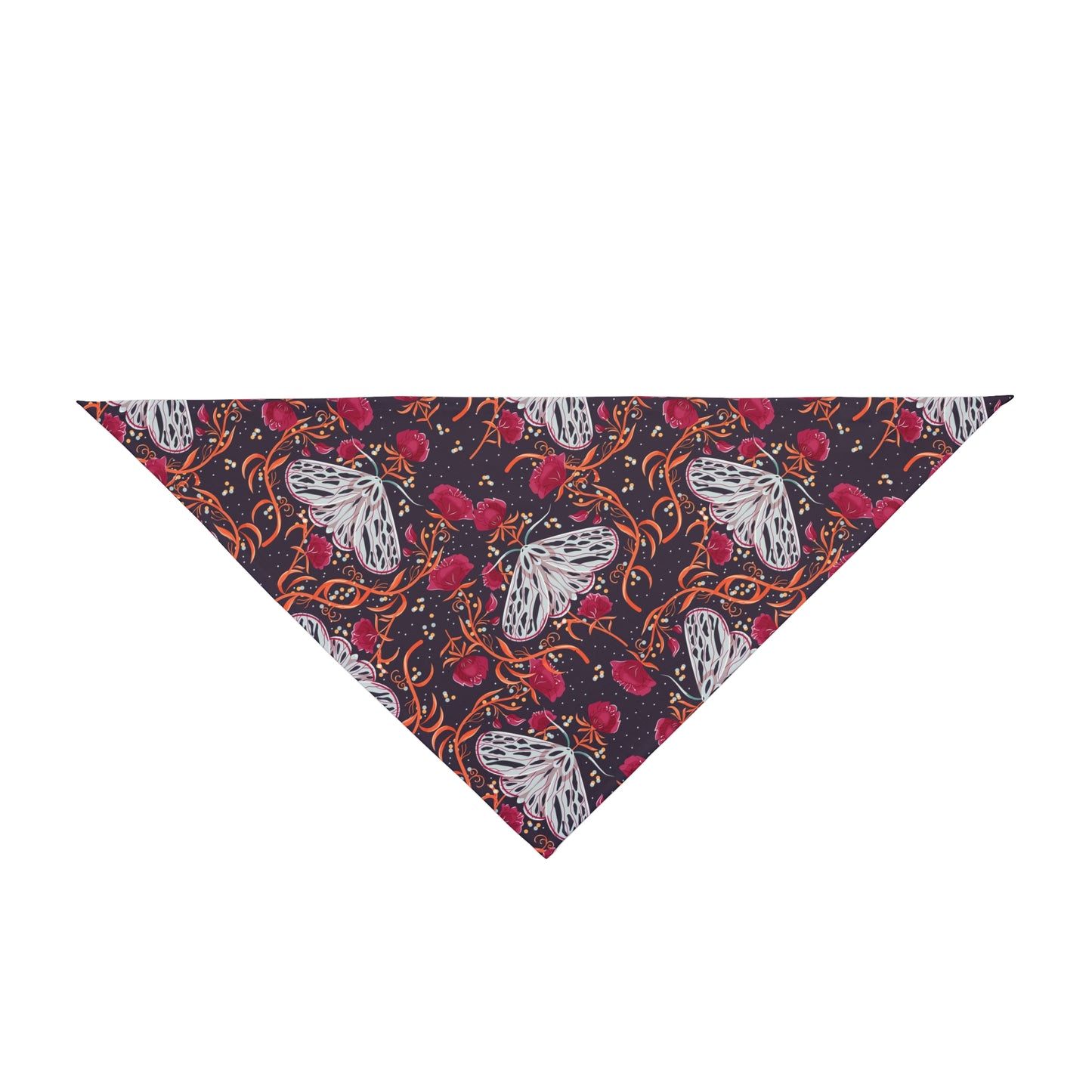 Unleash a touch of mystery with our Night Moth Dog Bandana/Wild Rag. The beautiful dark navy background adorned with grey moths, burgundy flowers, and orange-y branches creates an enchanting and captivating look. Crafted from soft-spun polyester, this wild rag ensures comfort and style. Make every outdoor escapade magical with this exclusive design, available only at Eliza Singer.