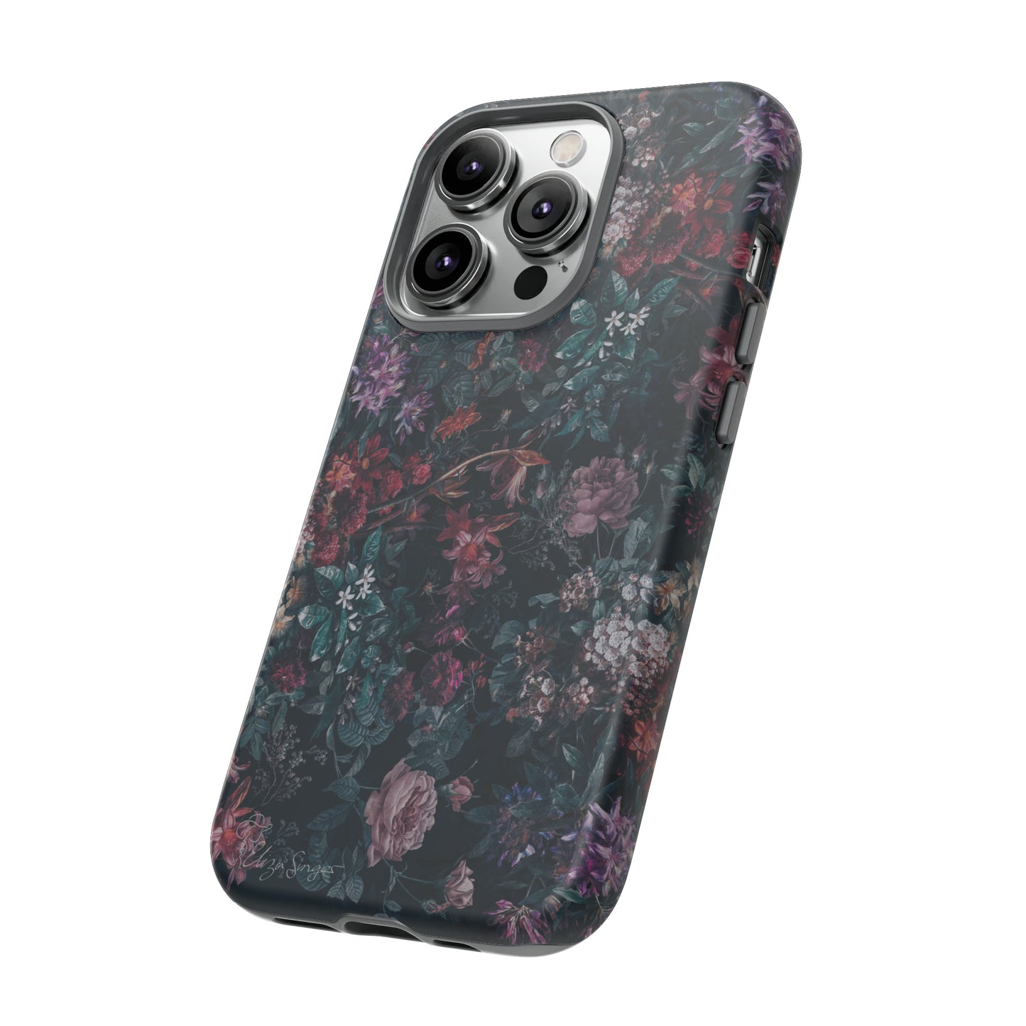 Blooms in Shadows: Botany Floral Dark iPhone Tough Protective Cover. A captivating blend of Flowers in a muted design, compatible with iPhone 15, 14, 13, 12, 11, XS, XR Pro/Max/Mini/P/Plus. Unleash Nature's Elegance with Durability and Style. #ElizaSinger #PhoneCase #FloralDesign