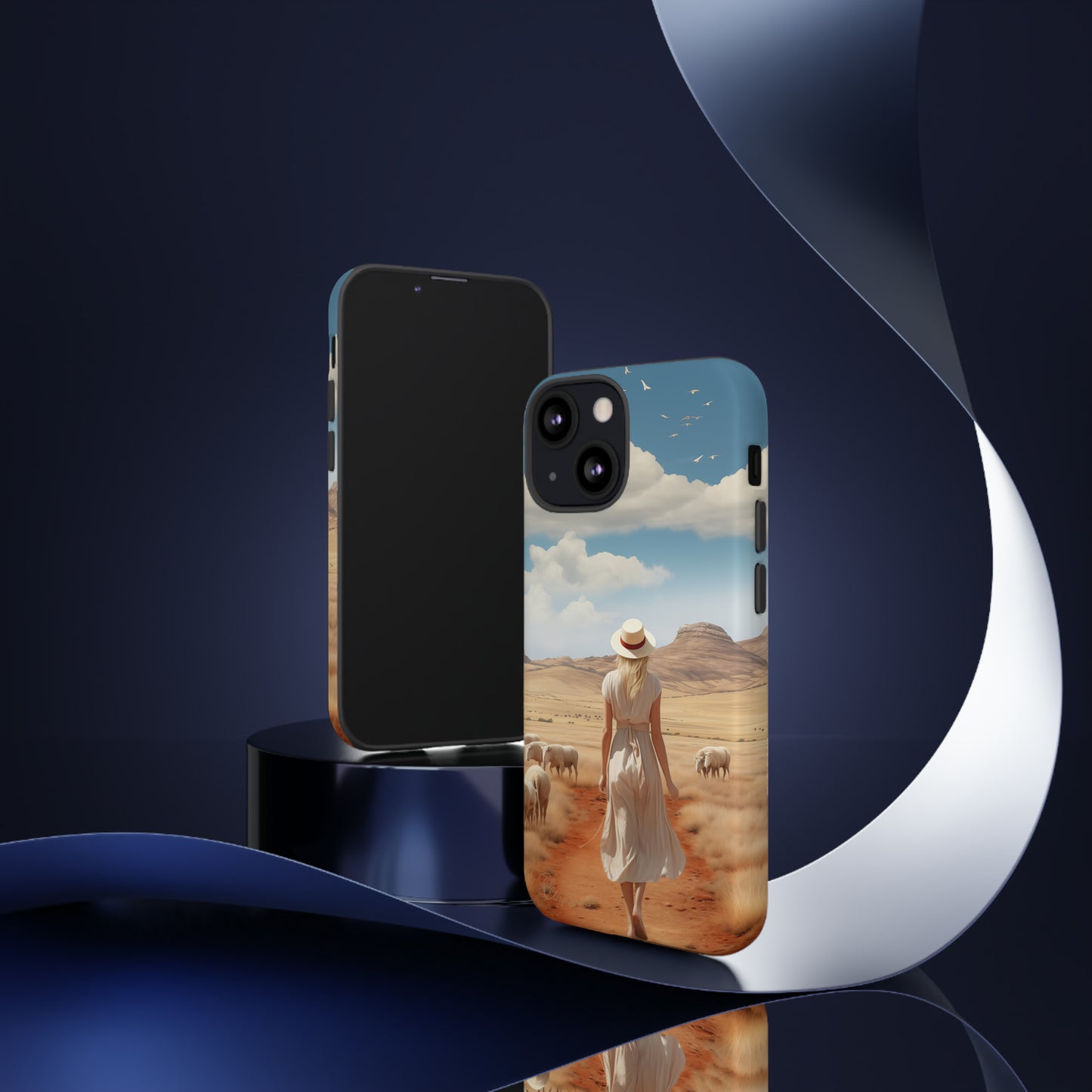 Serenity in Hand: Our Tough Western Cell Phone Case invites you to experience tranquility. A vintage painted design portrays a woman in a skirt and hat walking on a dirt road through a prairie, with grazing sheep. Let the vanishing horizon captivate your senses. Elevate your phone with timeless beauty. #ElizaSinger #PhoneCase