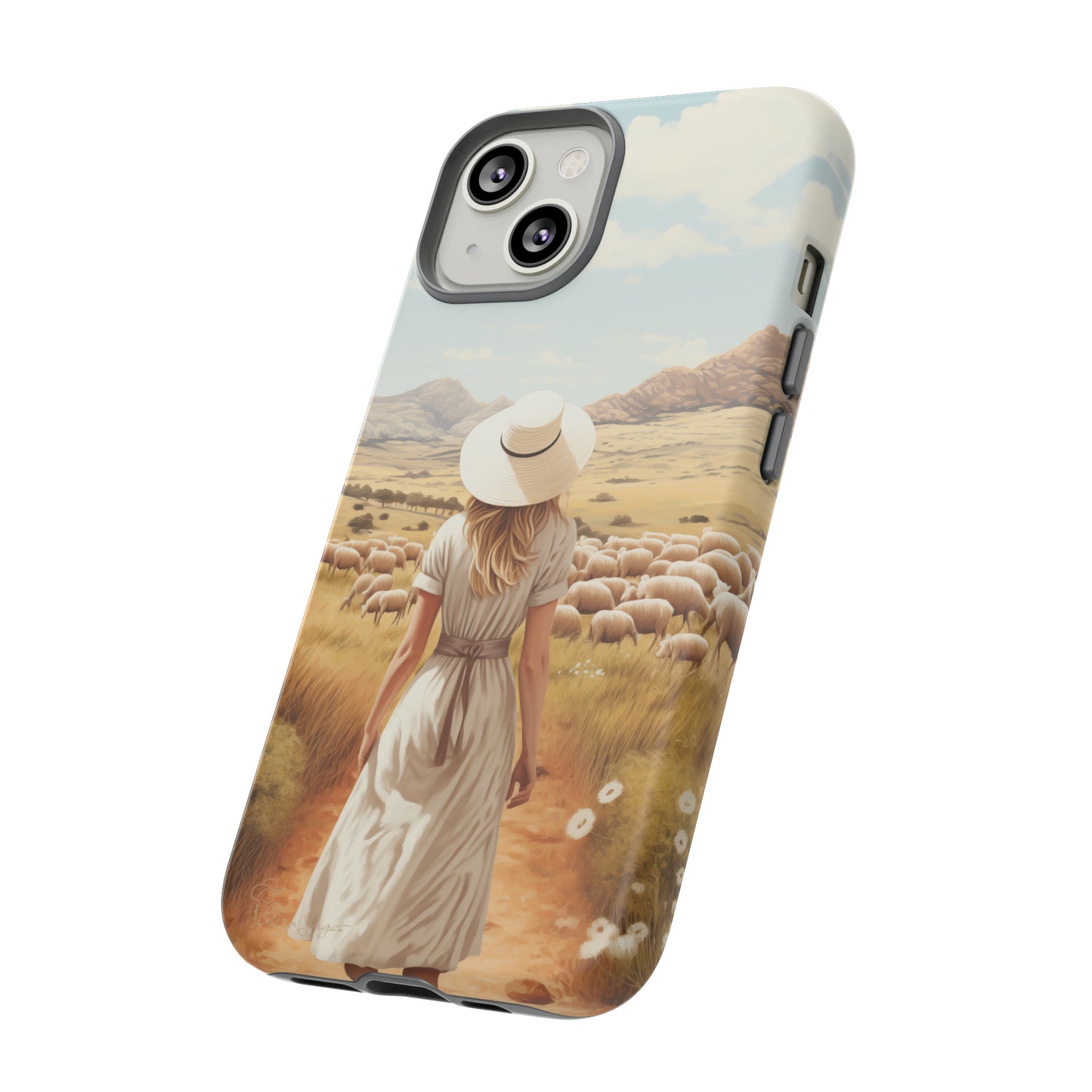 Dreamy Nostalgia: Immerse yourself in a vintage painted landscape with our Tough Western Cell Phone Case. Adorned with a woman in a hat strolling through a prairie with sheep, this edition captures the magic of the past. Elevate your phone with timeless charm. #ElizaSinger #PhoneCase