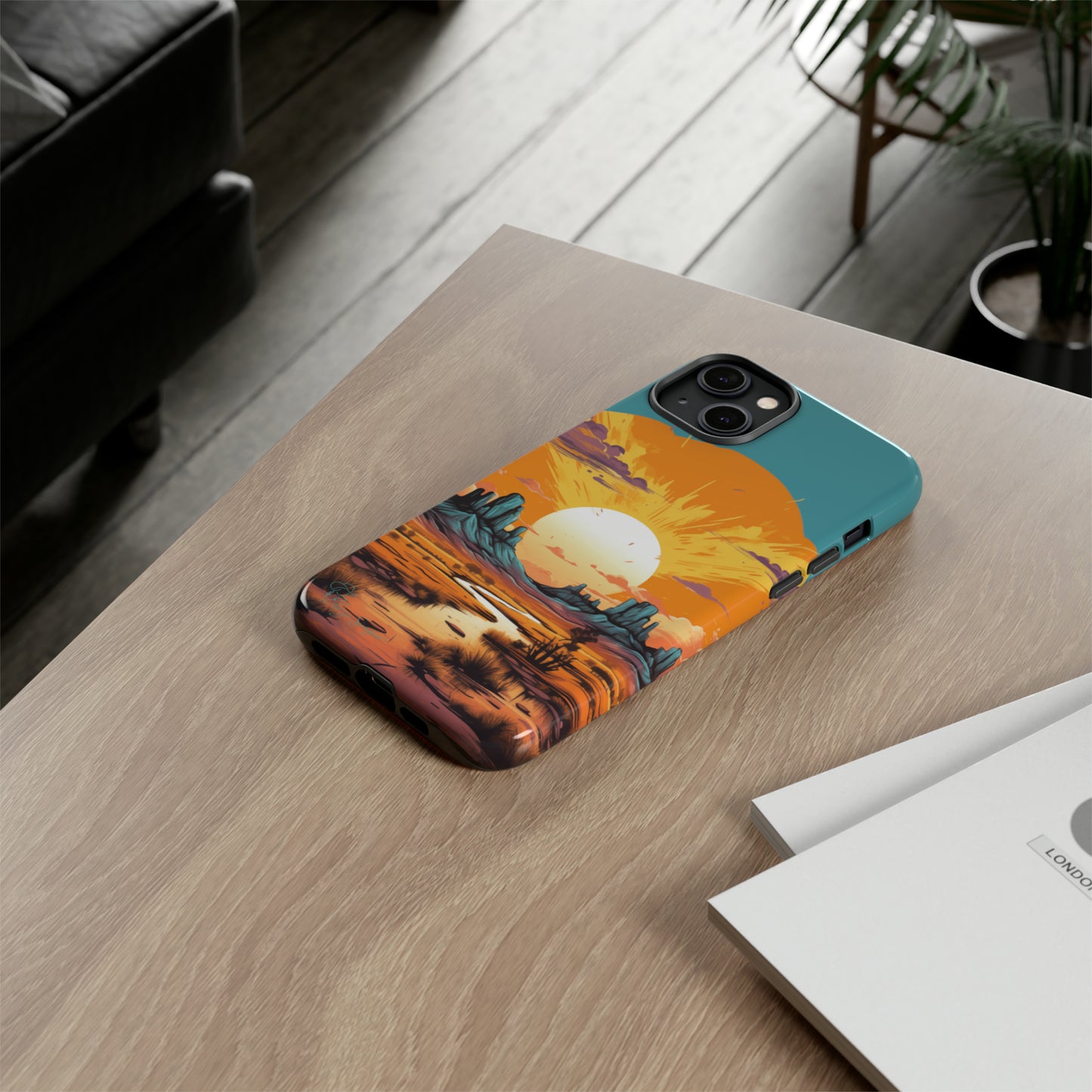 Introducing our Tough Western Cell Phone Case: Turquoise Twilight Oasis Edition! This captivating design showcases a serene landscape with a turquoise background and a mesmerizing setting sun. Enjoy the perfect blend of rugged protection and artistic flair.