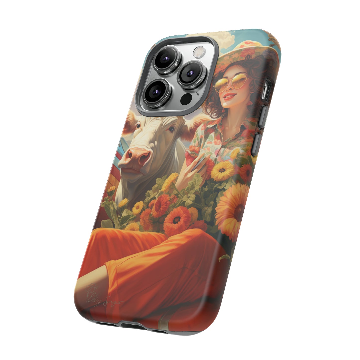 Timeless Retro Charm: Step back in time with our Tough Western Cell Phone Case. Featuring a vintage and bright design, a woman in a hat with daisies is accompanied by a cow looking over her shoulder. Experience the perfect blend of retro aesthetics and durability. Elevate your style with a touch of nostalgia. #ElizaSinger #PhoneCase #RetroStyle