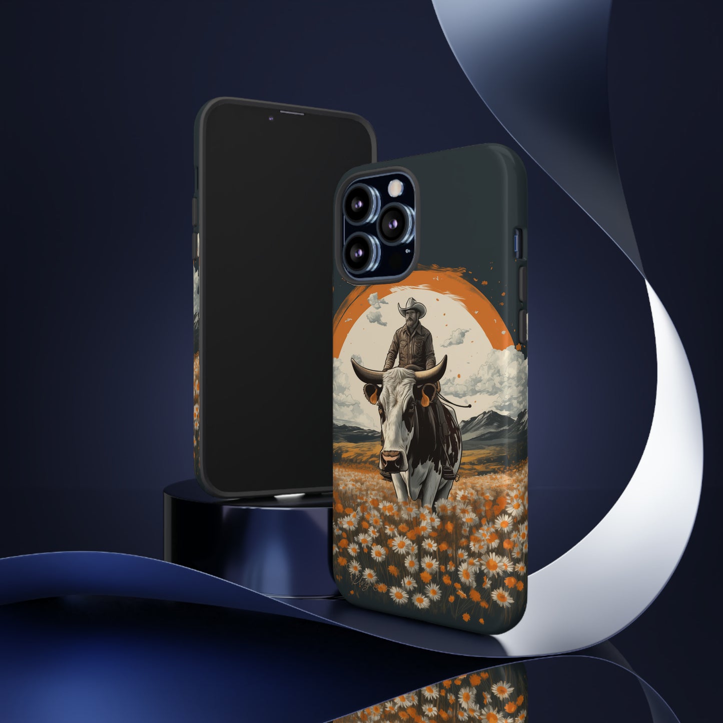 Meet 'Rugged Wrangler': Introducing our Tough Western Cell Phone Case. This unique design seamlessly combines rugged protection with a touch of whimsy, showcasing a fearless cowboy astride a dairy cow amidst a field of vibrant daisies. Elevate your style with this adventurous and protective accessory. #ElizaSinger #PhoneCase #RuggedWrangler