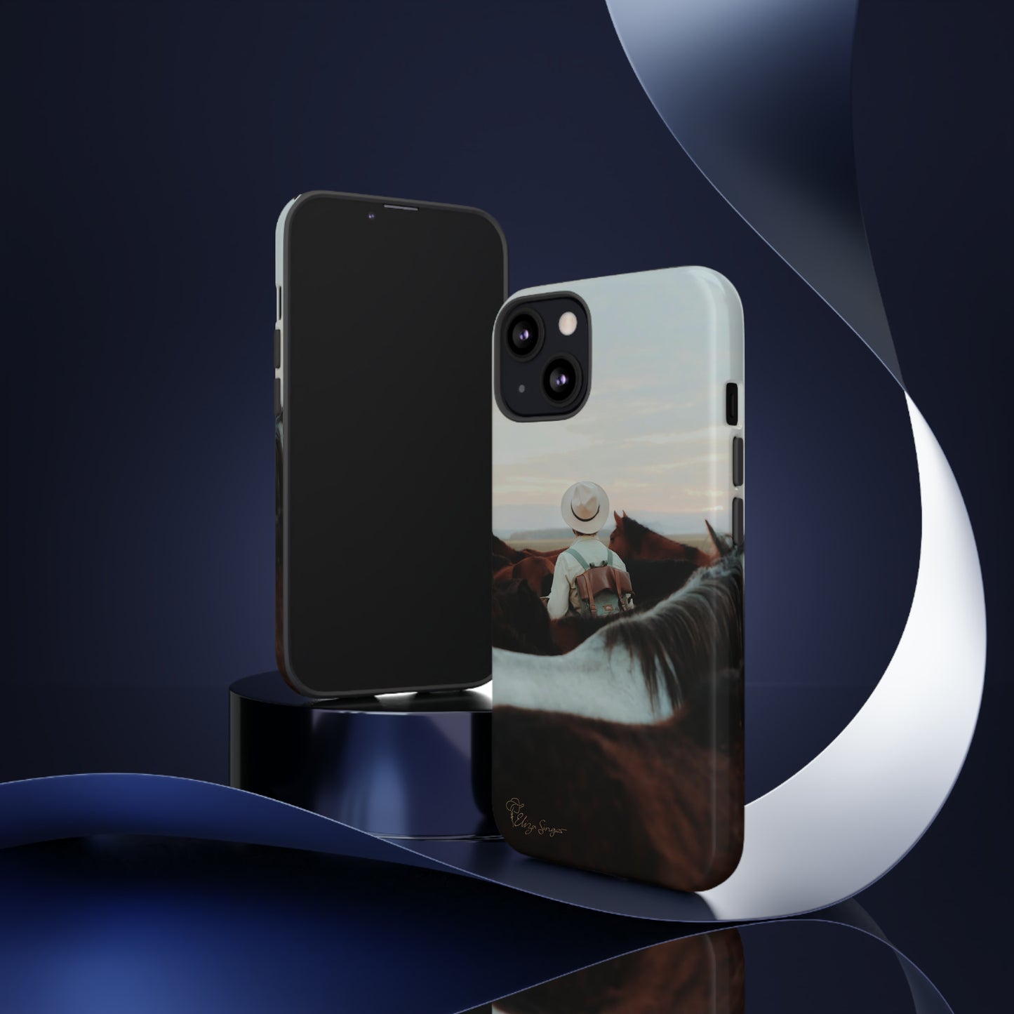 Ride into the Wild: Horse Art Western Photo Yellowstone Design iPhone Tough Protective Cover. Featuring a Cowboy amidst Mountains and Buckskin hues. Compatible with iPhone 15, 14, 13, XS, XR Pro/Max/Mini/P/Plus. Embrace the Spirit of the West with Style and Durability. #ElizaSinger #PhoneCase #WesternDesign