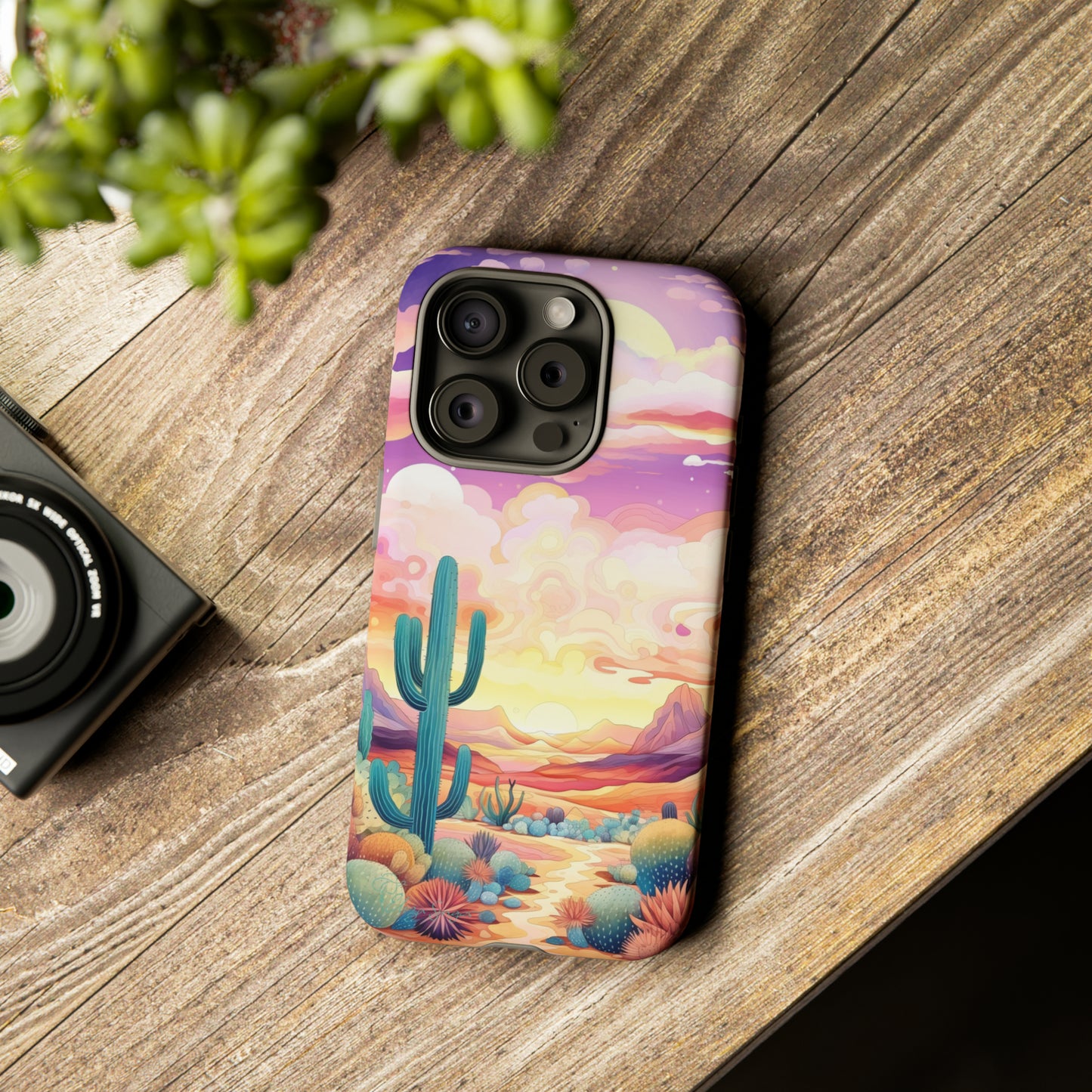 Introducing our Western Tough Cell Phone Case: Psychedelic Desert Dream Edition! Step into a surreal world with a psychedelic desert landscape, dreamy sky, and cactus. This case combines rugged protection with a touch of otherworldly charm.