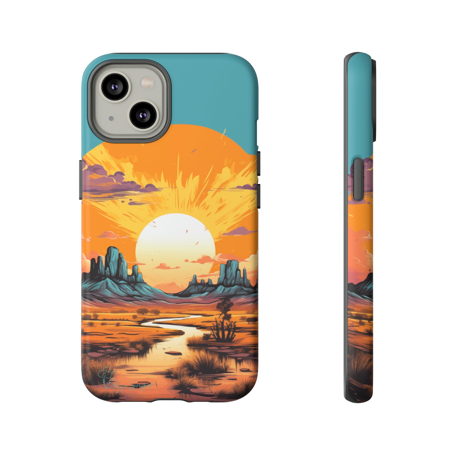 Introducing our Tough Western Cell Phone Case: Turquoise Twilight Oasis Edition! This captivating design showcases a serene landscape with a turquoise background and a mesmerizing setting sun. Enjoy the perfect blend of rugged protection and artistic flair.