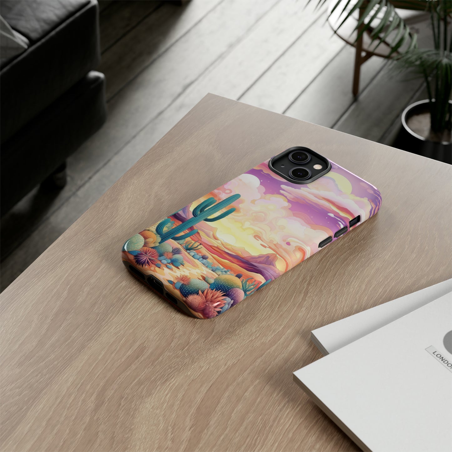Introducing our Western Tough Cell Phone Case: Psychedelic Desert Dream Edition! Step into a surreal world with a psychedelic desert landscape, dreamy sky, and cactus. This case combines rugged protection with a touch of otherworldly charm.