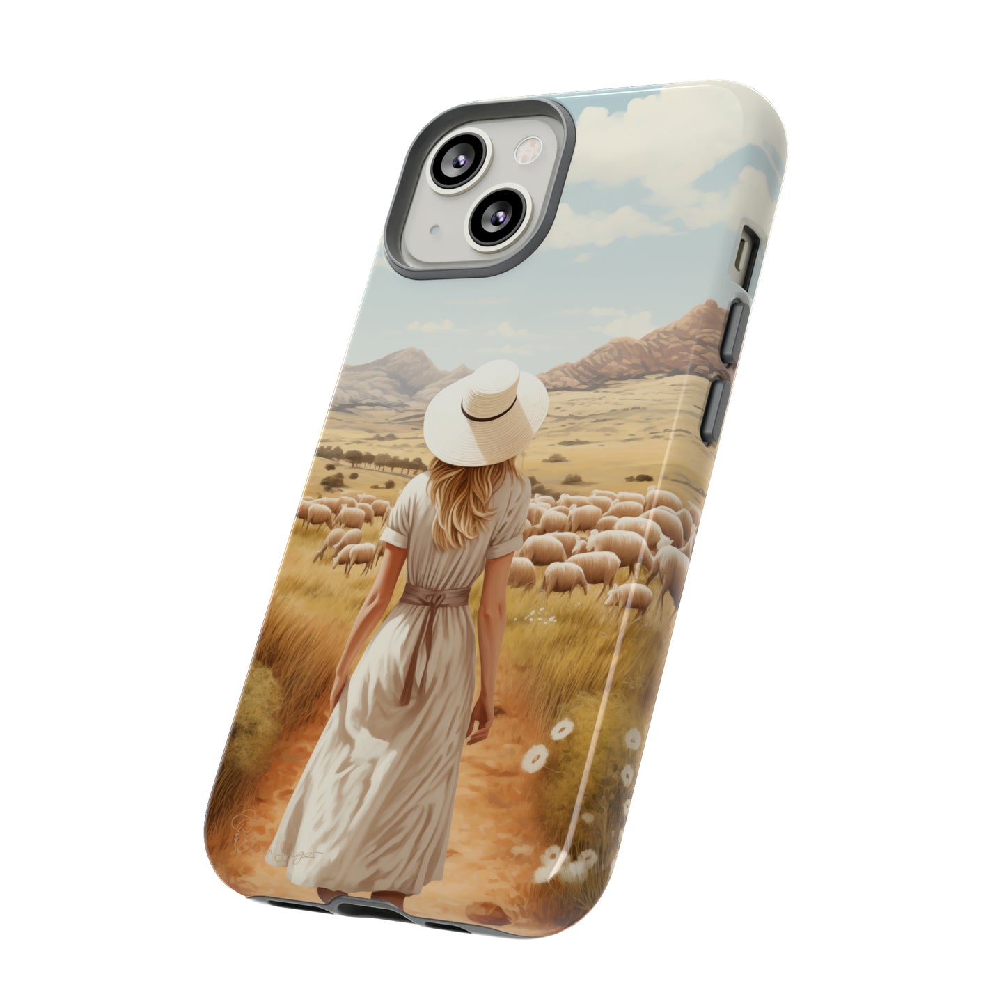 Dreamy Nostalgia: Immerse yourself in a vintage painted landscape with our Tough Western Cell Phone Case. Adorned with a woman in a hat strolling through a prairie with sheep, this edition captures the magic of the past. Elevate your phone with timeless charm. #ElizaSinger #PhoneCase