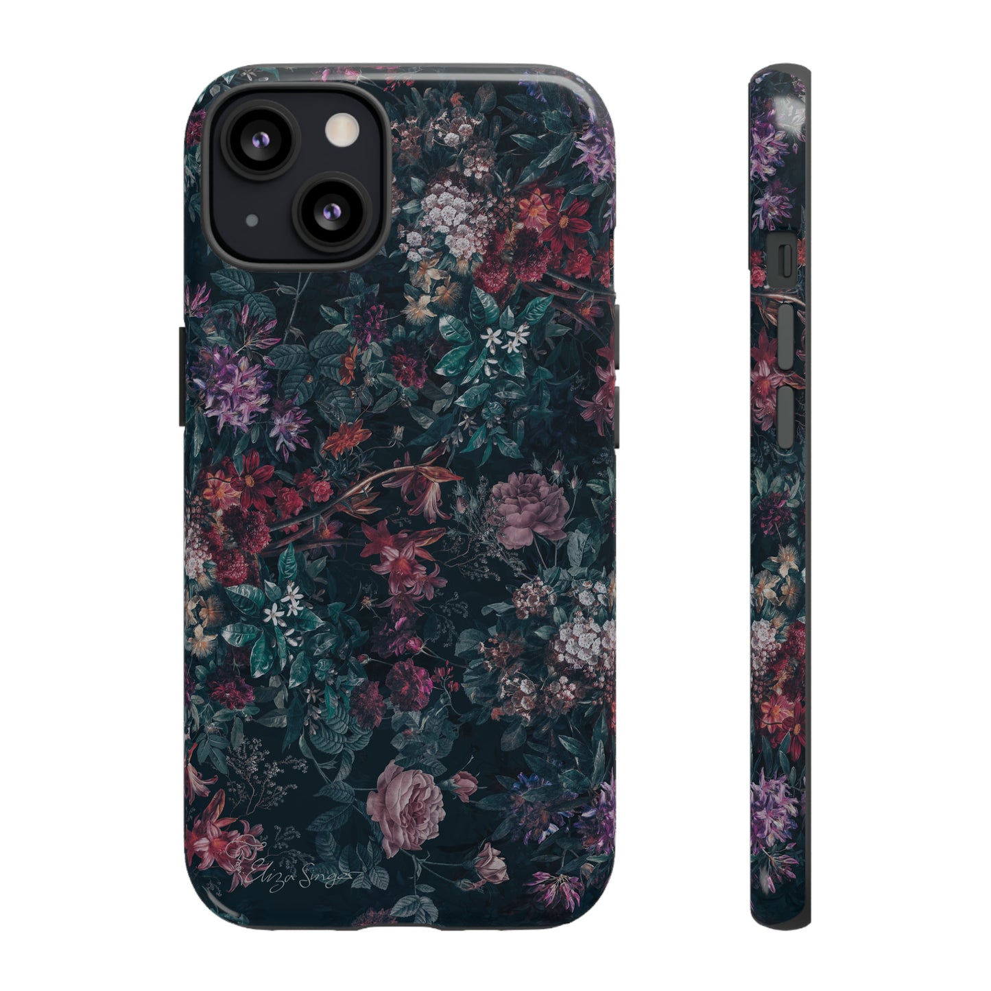 Blooms in Shadows: Botany Floral Dark iPhone Tough Protective Cover. A captivating blend of Flowers in a muted design, compatible with iPhone 15, 14, 13, 12, 11, XS, XR Pro/Max/Mini/P/Plus. Unleash Nature's Elegance with Durability and Style. #ElizaSinger #PhoneCase #FloralDesign