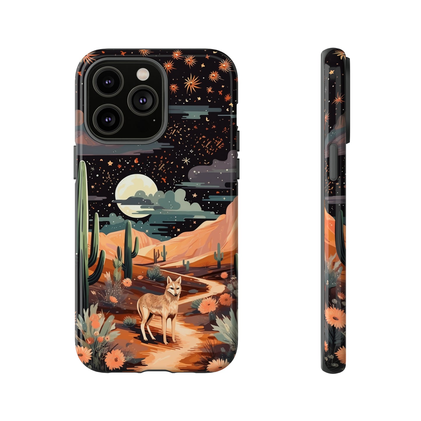 Introducing our Tough Western Cell Phone Case: Twilight Desert Jackal Remix Edition! A variation of our popular design, this edition features a jackal in a desert landscape with a starry night sky and cacti. Get ready for a unique twist on classic rugged protection.