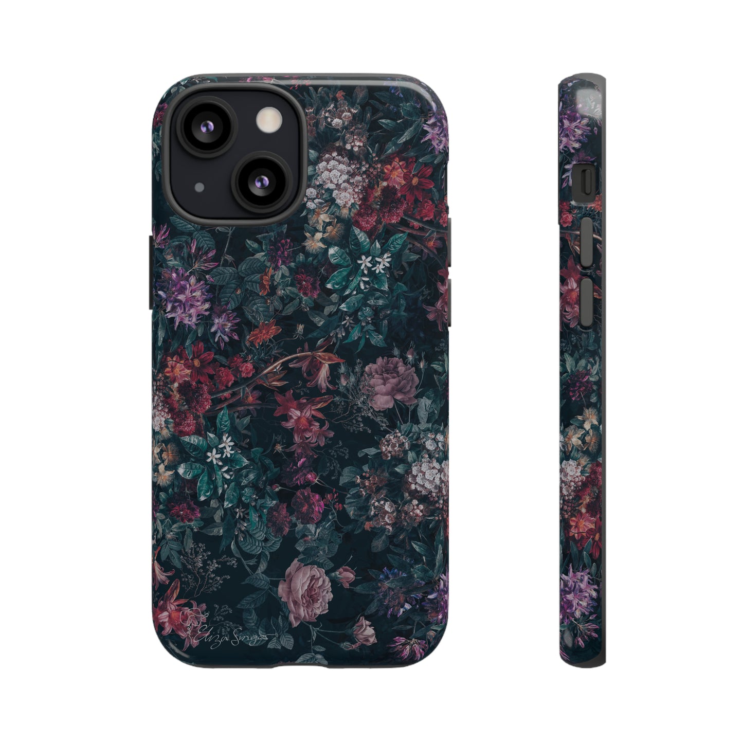 Blooms in Shadows: Botany Floral Dark iPhone Tough Protective Cover. A captivating blend of Flowers in a muted design, compatible with iPhone 15, 14, 13, 12, 11, XS, XR Pro/Max/Mini/P/Plus. Unleash Nature's Elegance with Durability and Style. #ElizaSinger #PhoneCase #FloralDesign