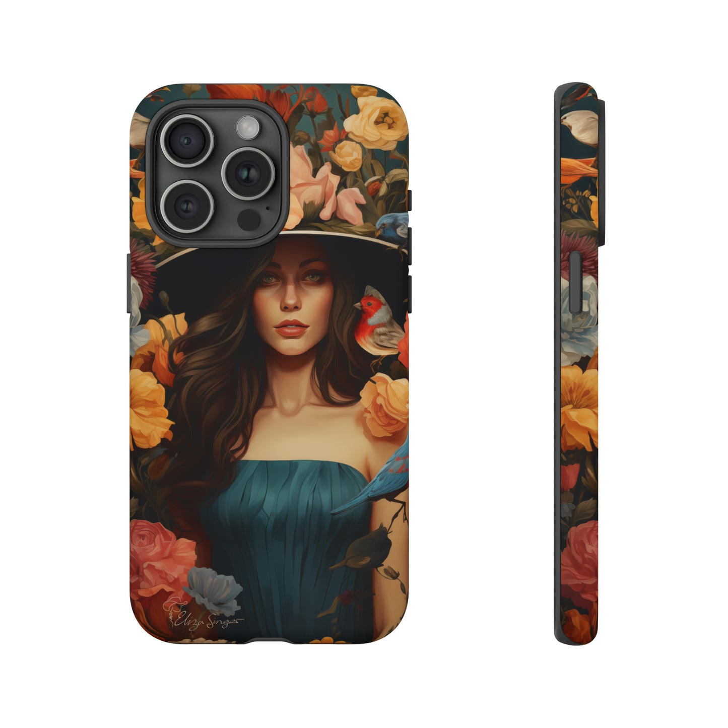 Dark Elegance Unveiled: Explore our Tough Cell Phone Case with a captivating dark background and a woman adorned with a hat amid blooming flowers. This edition seamlessly blends sophistication with robust protection, showcasing the allure of dark elegance. Elevate your style and shield your device. #ElizaSinger #PhoneCase #ElegantProtection